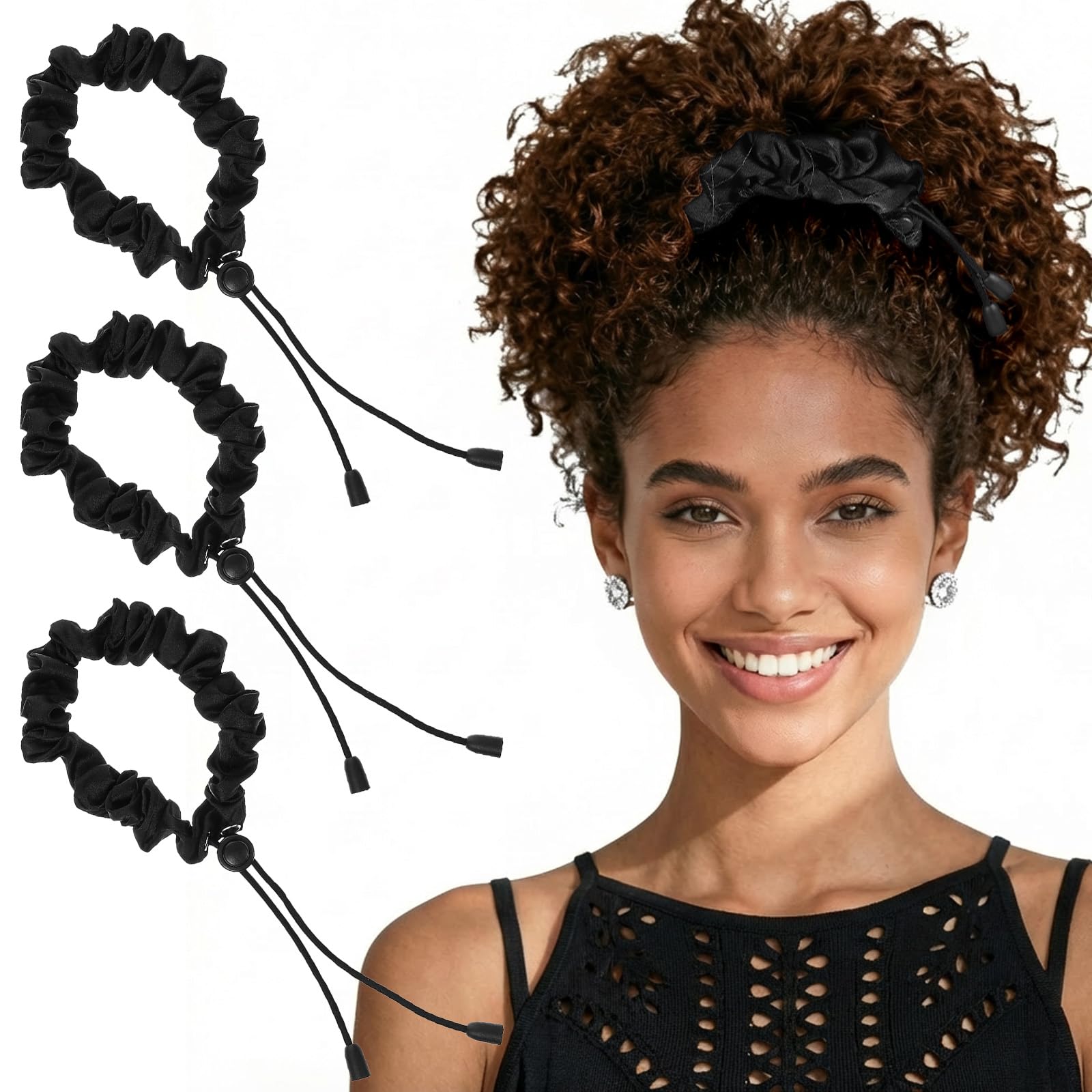 3 Pcs Black Adjust Satin Hair Tie Satin Scrunchies for Black Girls Women for 4c Thick Curly dreadlocks Hair hold the Curls or Braids Securely without Pulling