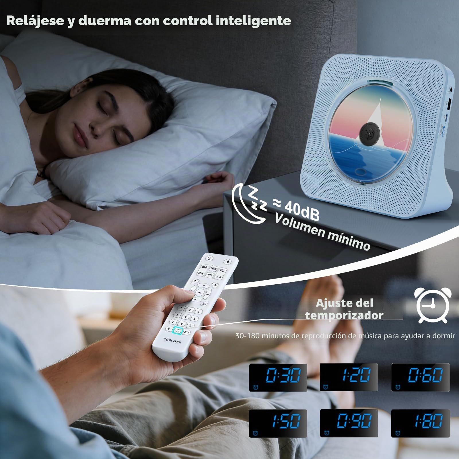 Reproductor CD Portátil Infantil, Reproductor de CD Bluetooth y Altavoces HiFi CASA, Home CD Player Compatible con USB/Radio FM/Conector para Auriculares/Temporizador de Apagado (no Recargable)