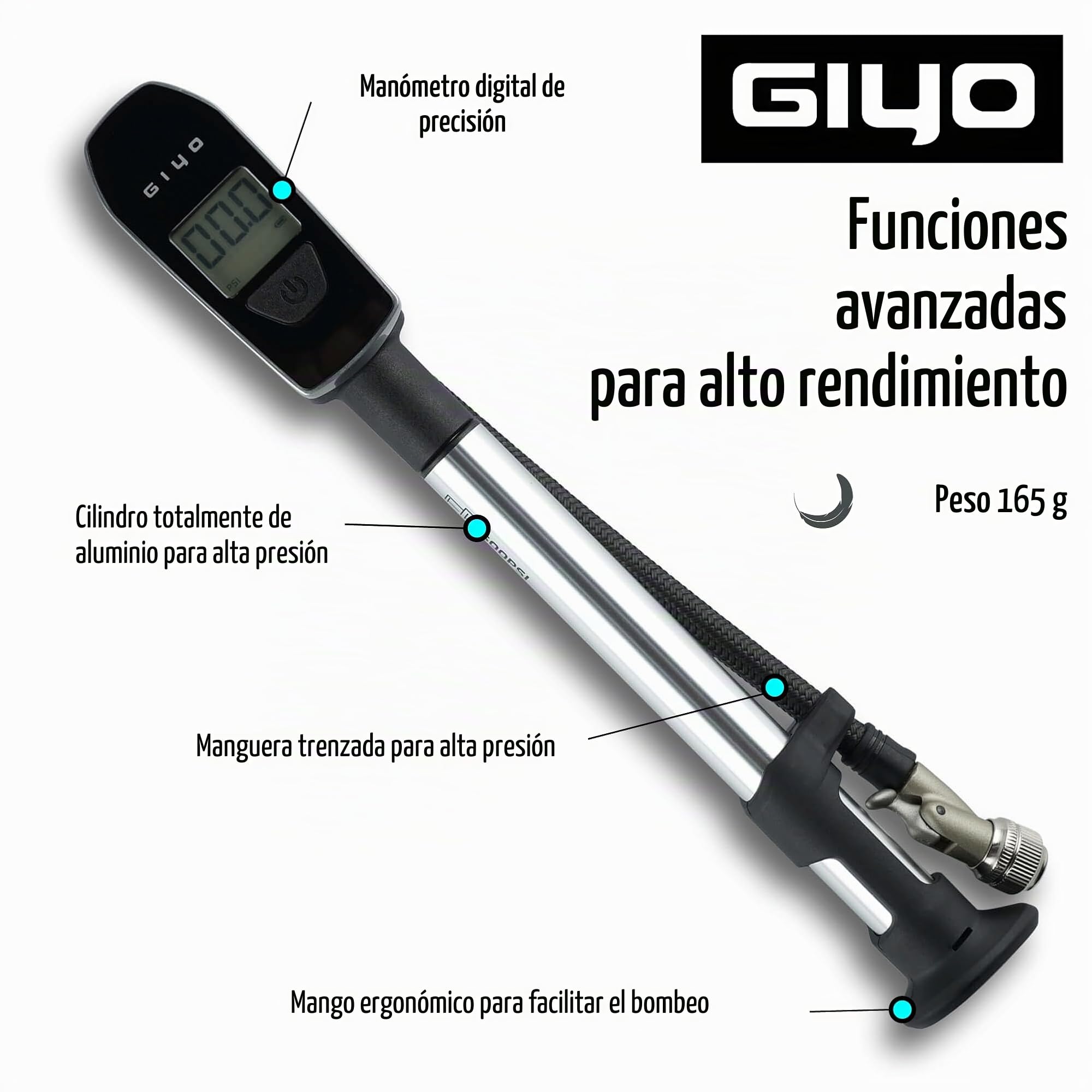 GIYO GS-52L Bomba de choque digital turbo 600 psi - Ahorra 40% esfuerzo, purgador microajustable, barril de aluminio