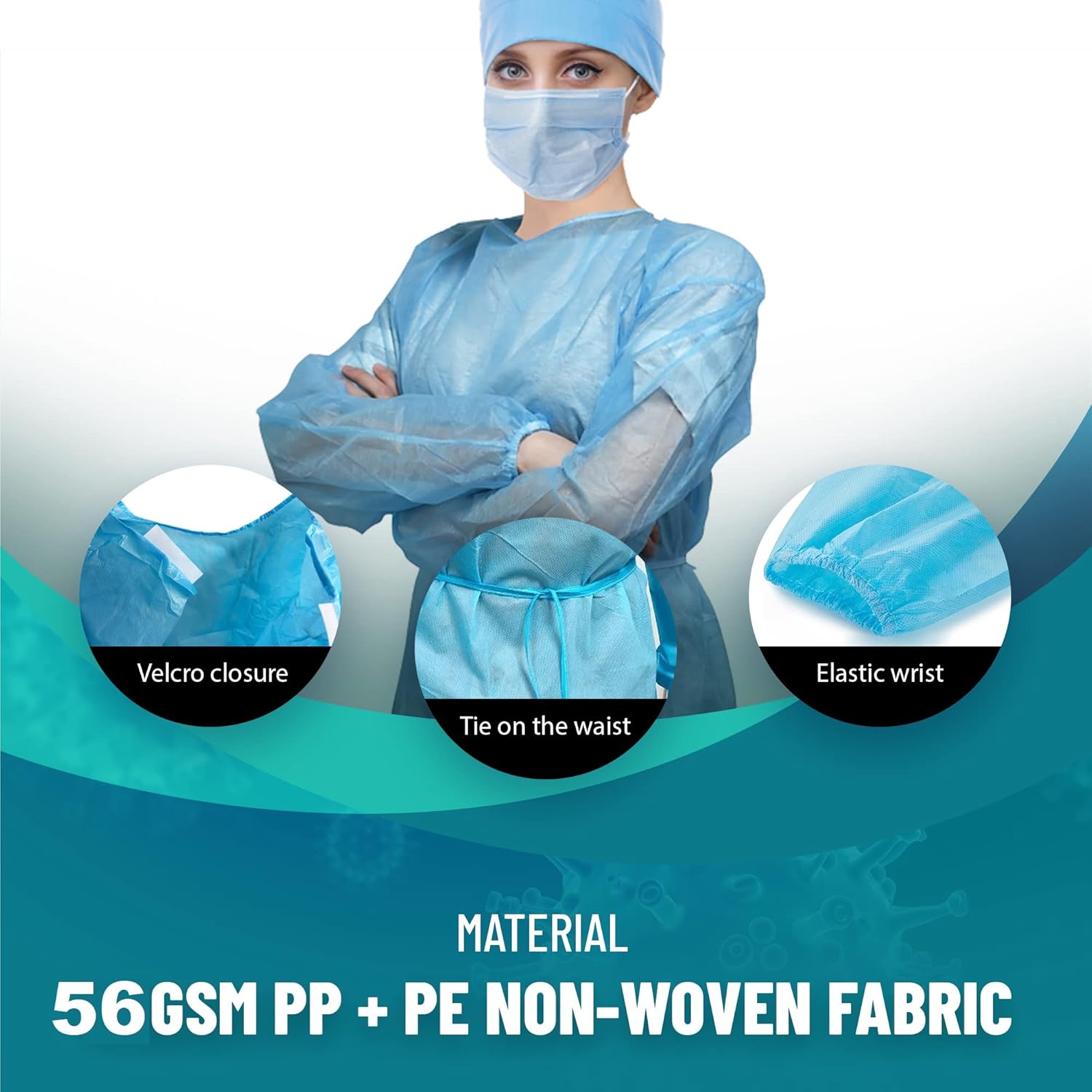 MEDICAL NATION 100 Pack Disposable Isolation Gowns - Blue Level 2 SMS 40gsm Non-Woven Material - PPE Gowns Disposable for Dental, Medical Use, Fluid-Resistant and Latex-Free Gowns, Universal Size : Industrial & Scientific