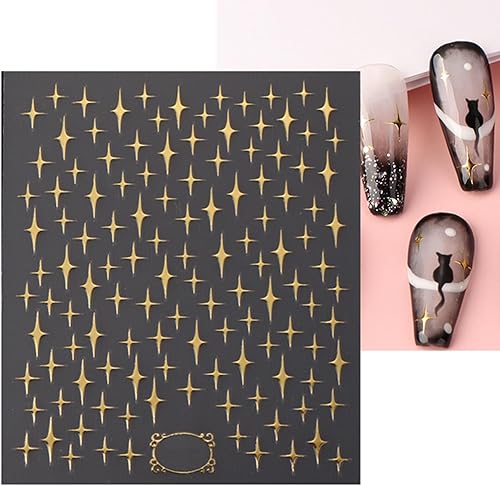 Miniatura 6 de SILPECWEE 8 hojas de calcomanías doradas para arte de uñas, calcomanías para mujeres, niños, niñas, estrellas, serpiente, flor, conejo, corazón,