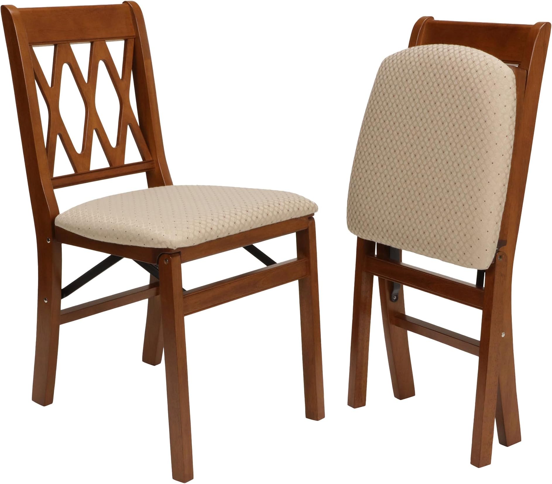 Stakmore Lattice Back Wooden Folding Chairs with Padded Seats, Set of 2 - No Assembly Foldable Dining Chairs, Steel Folding Mechanism, Upholstered Cushion, Space-Saving, Fruitwood Frame