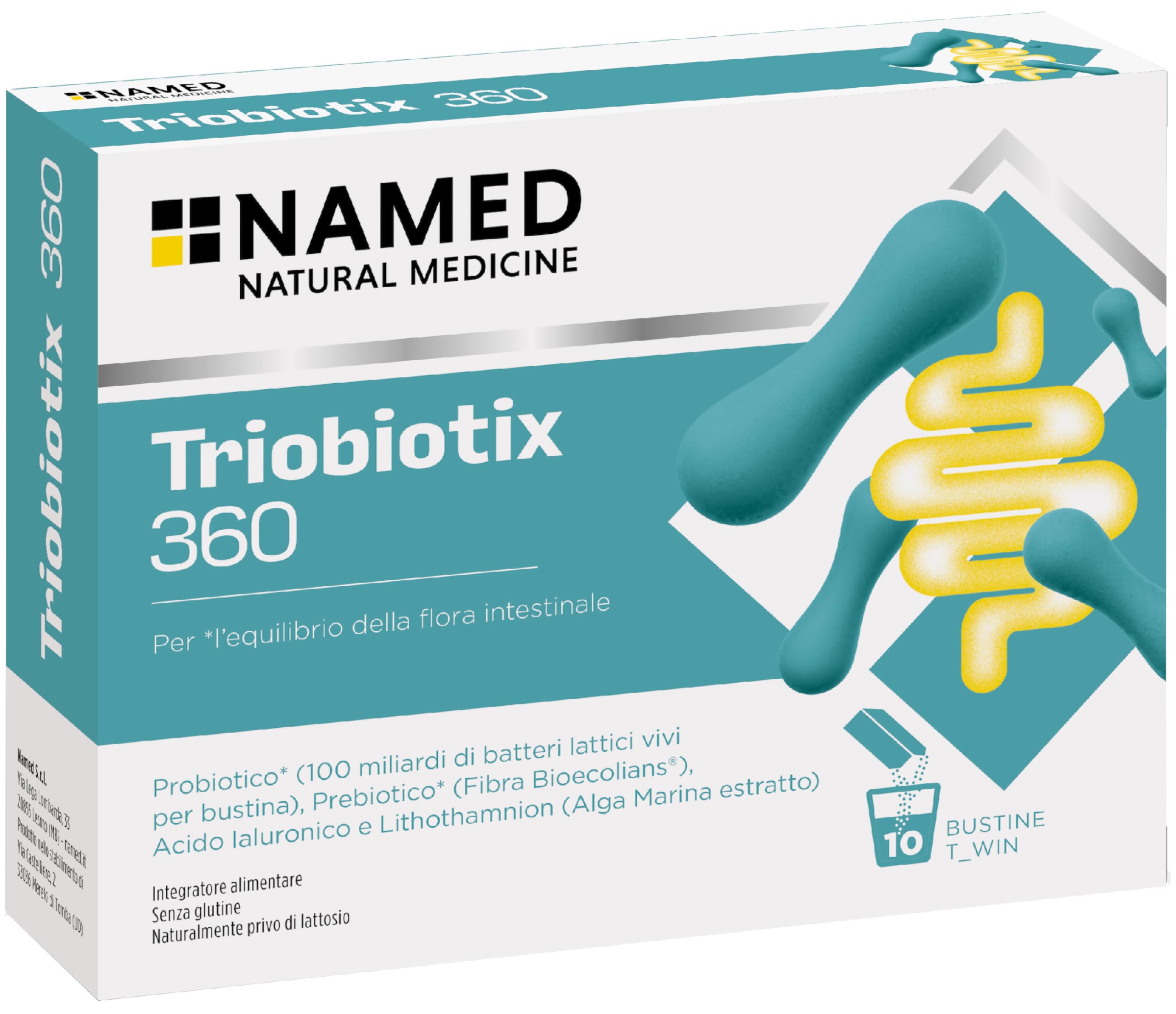 NAMED Triobiotix 360 Integratore Alimentare con Probiotico, Prebiotico, Acido Ialuronico e Lithothamnion Fonte di Calcio | Fermenti Lattici Adulti per Equilibrio della Flora Intestinale | 10 Bustine