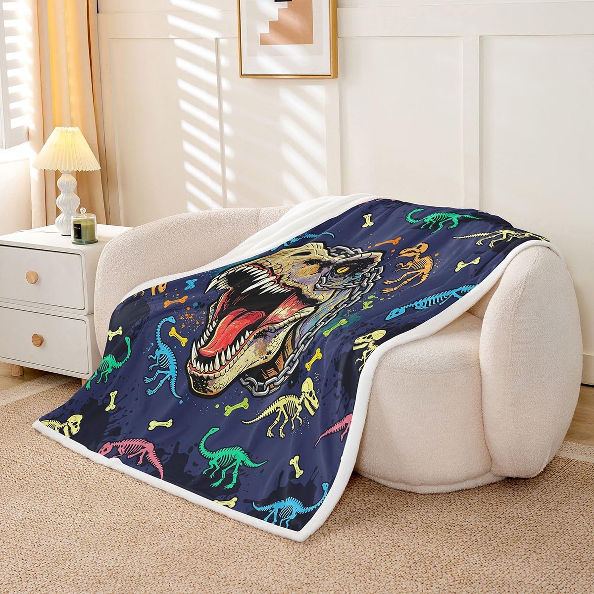 Feelyou Dinosaur Fleece Throw Blanket Cartoon Dino Print Sherpa Blanket for Kids Women Men Plush Fuzzy Jungle Dino Twin 60"x80" for Bed Couch Chair Living Room Bedroom Decor
