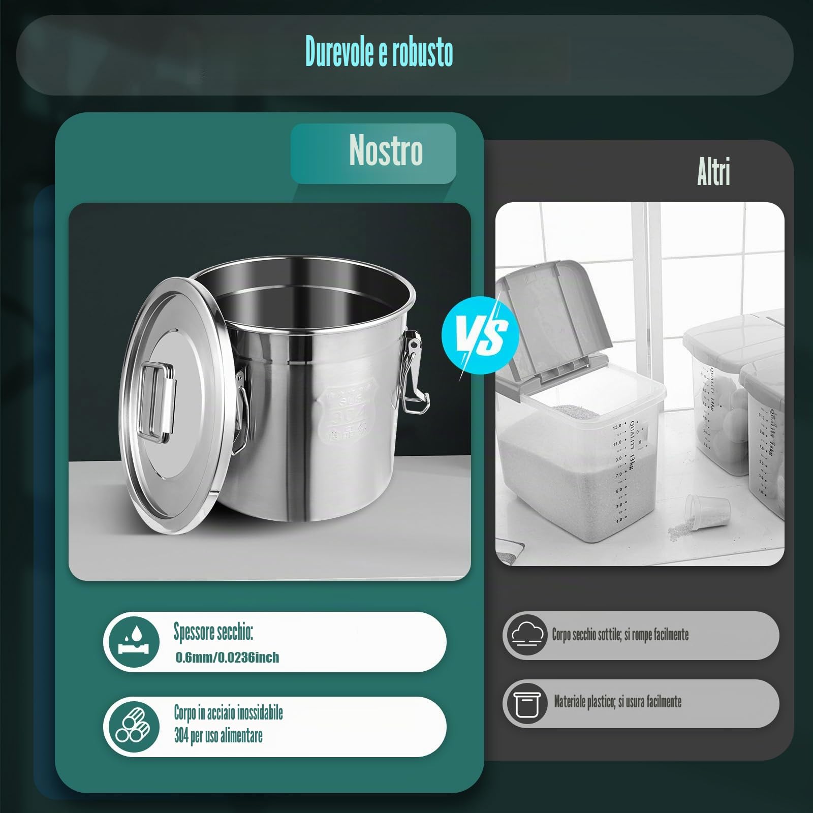 MINRS Contenitore per cereali in acciaio inossidabile da 12 L, ermetico, secchio da cucina, contenitore per cereali, contenitore per farina, secchio con coperchio, secchio portaoggetti da cucina