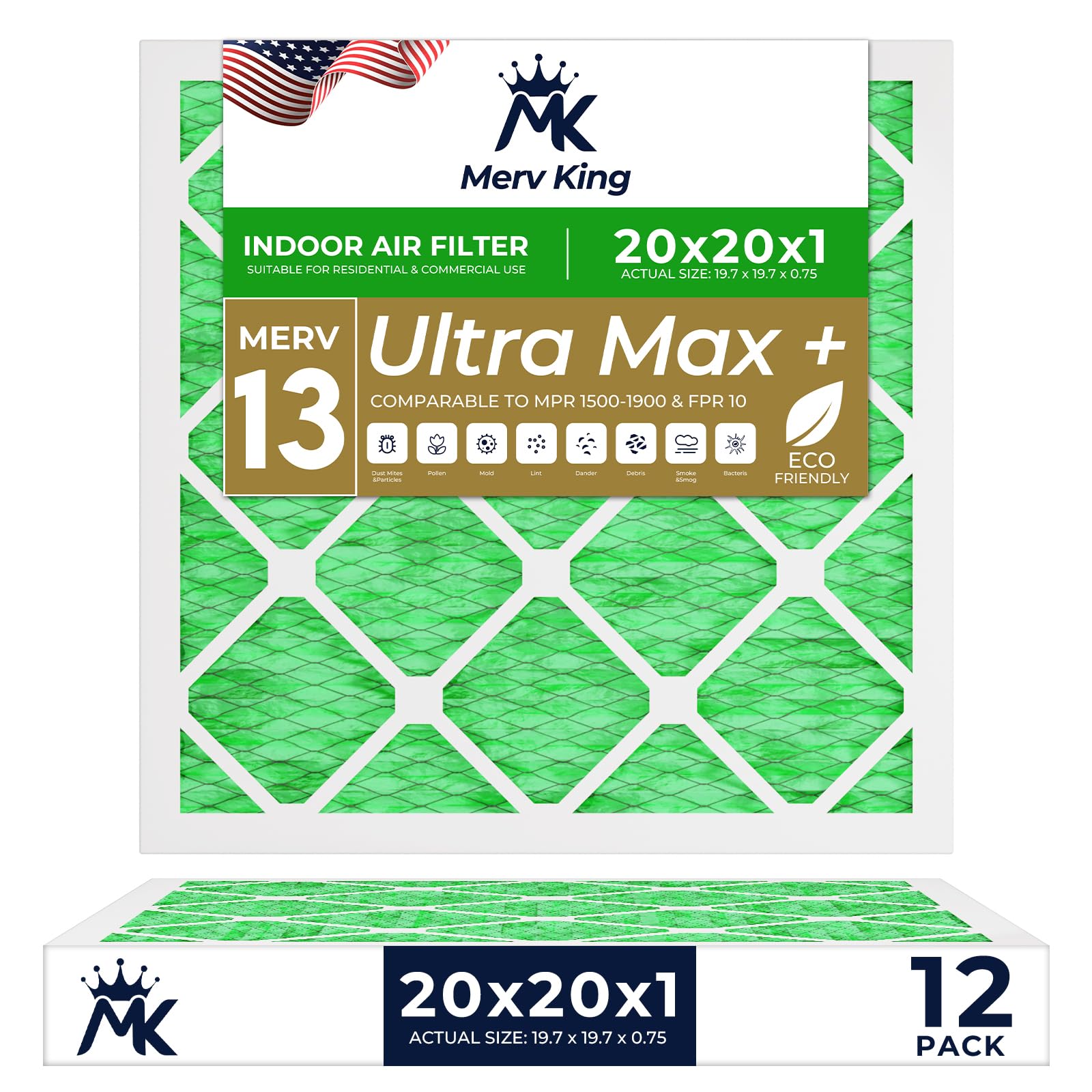 MervKing 20x20x1 Air Filter Actual Size: 19.7" x 19.7" x 0.75" MERV 13 MPR 1500-1900 | MADE IN USA | 12-Pack | Pleated HVAC AC Furnace Replacement