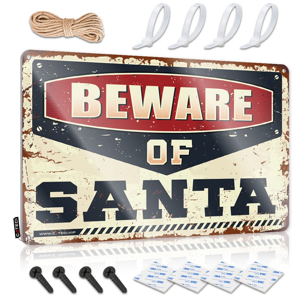 HELIOFORGE Funny Wall Decor Signs Beware Of Santa Tin Sign Funny Room Decor Funny Sign Decor(20X30CM)