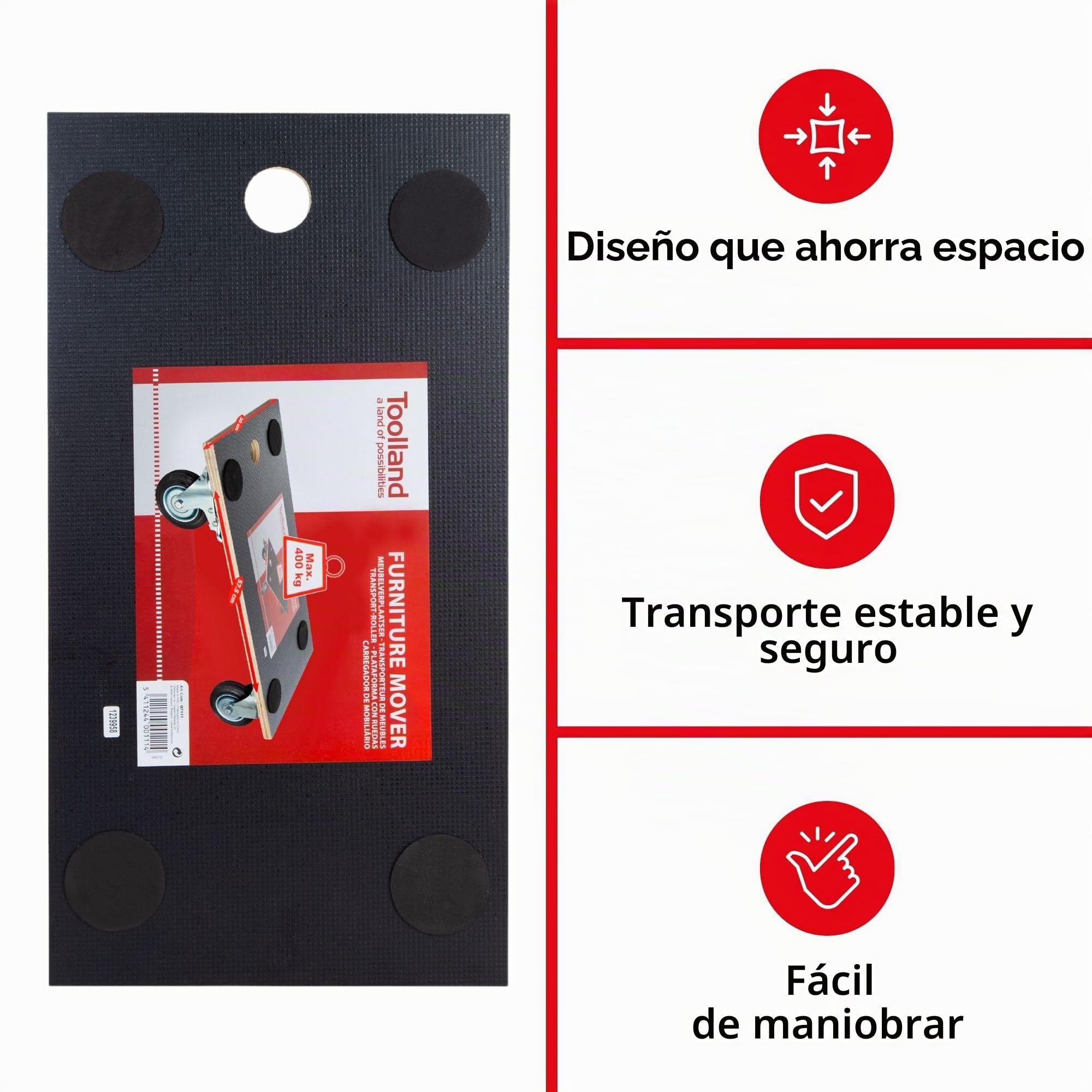 Toolland - Bandeja enrollable con freno, mango integrado, 4 ruedas giratorias, capacidad de carga 400 kg