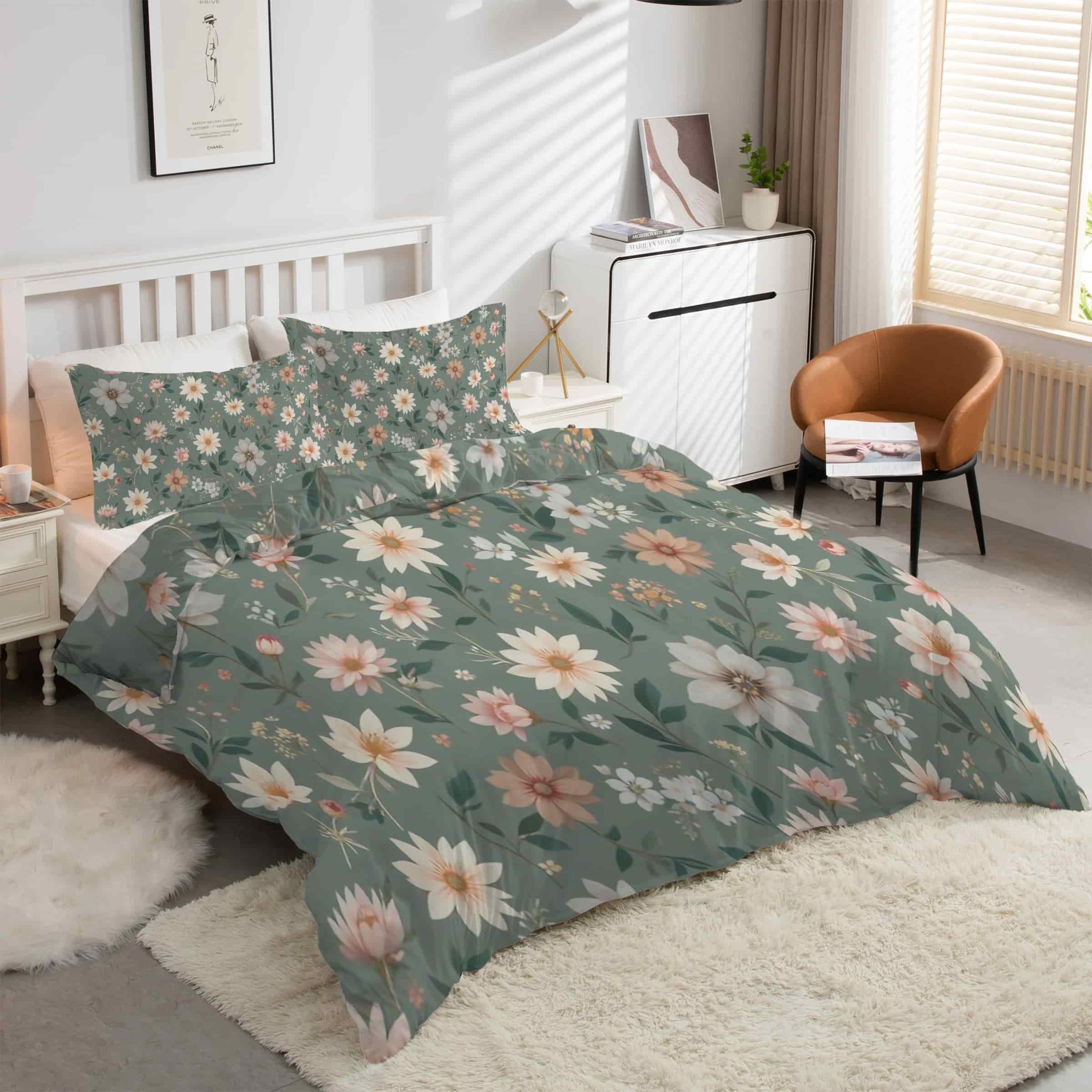 Parure de lit 90x190 fleurs rétro avec housse de couette en microfibre et 2 taies d'oreiller