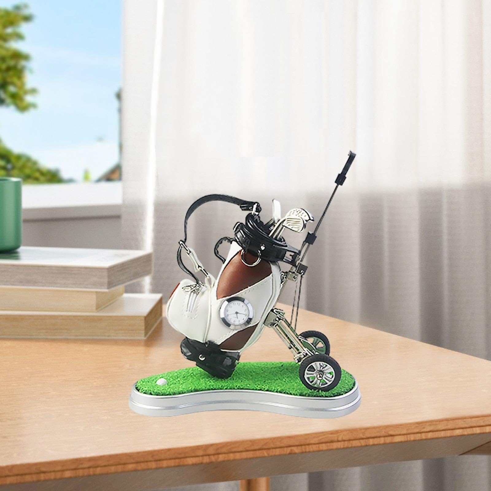 Golf Bag Pen Holder Mini Golf Tasche Stifthalter mit Uhr Und Kuli Halter Aus Robustem PU Und Metall für Geschenk Büro Zuhause Schreibtischdekora, Braun Weiß