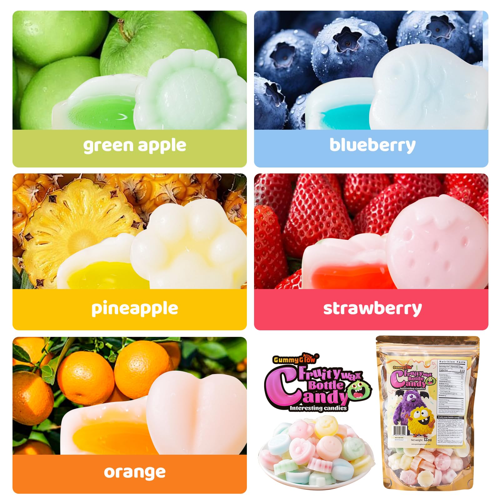Gummy Glow Wax Candy Bulk 12oz 5-Flavor Retro Chewy Candies 55-65 Pcs for Party Gift Nostalgic Treats & Old School Candy Lovers Upgrade Version product thumbnail 4