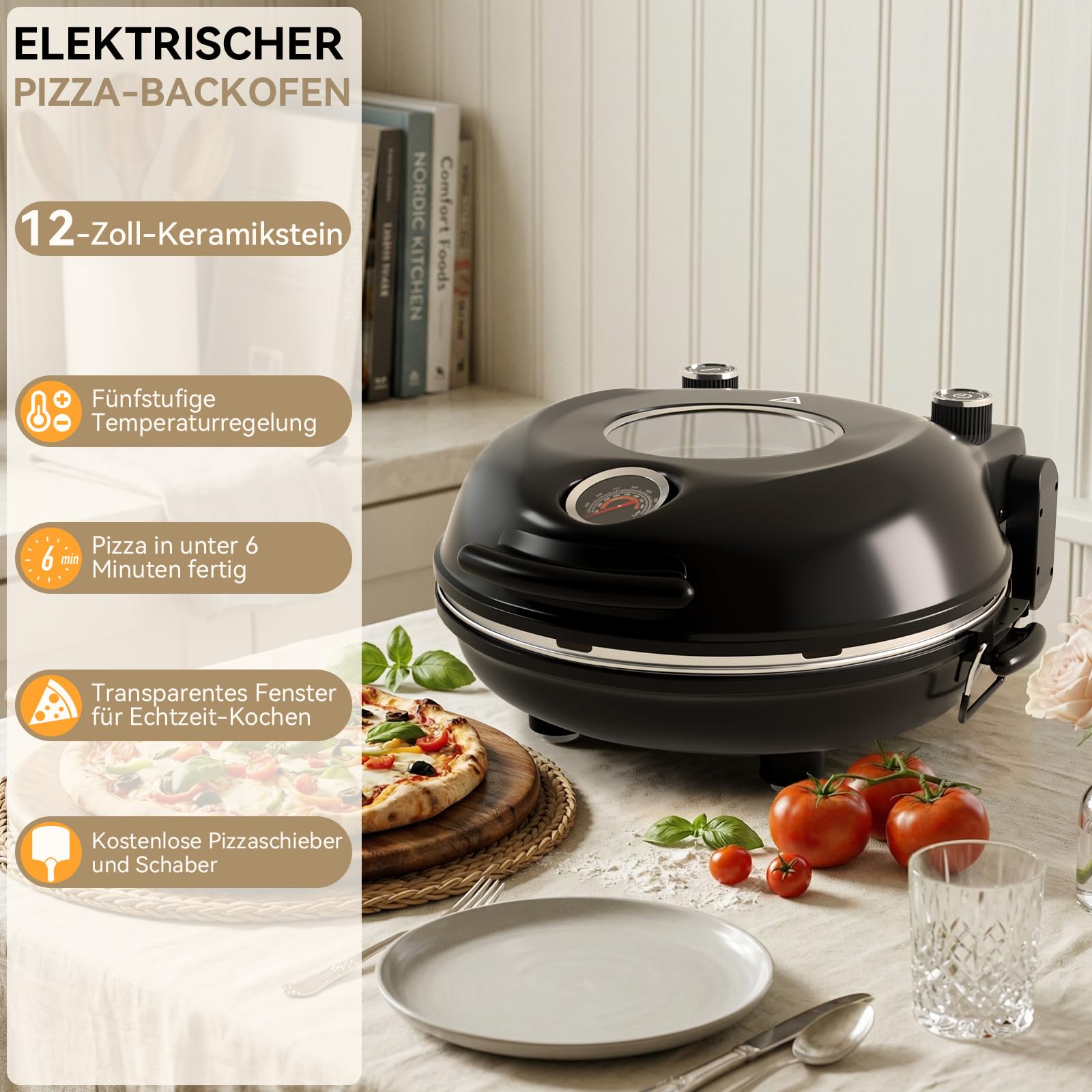 Elektrischer Pizzaofen 427°C / 800°F, 30cm Naturkeramik Pizzastein, Doppelte Temperaturregler mit Thermometer, Schnellaufheizung mit Sichtfenster,Pizzabackofen für zu Hause, knusprige Pizza 6 Minuten