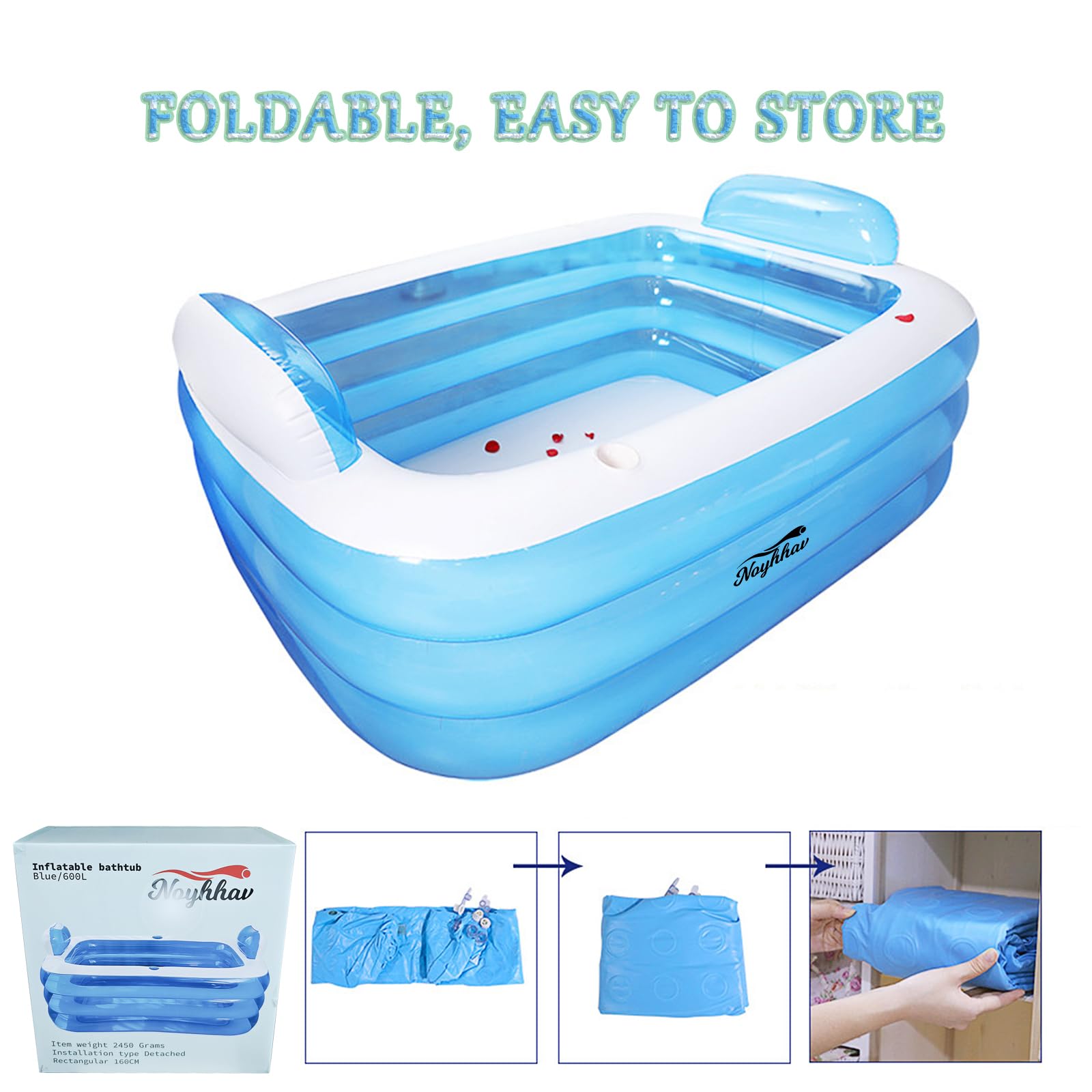 Vasca da Bagno Termale Gonfiabile Vasca per Adulti Hickened Barilotto del Bagno della Spiaggia Vasca da Bagno Doppia PVC+ Pompa del Piede NOYHHAV (170 * 130 * 60CM, Blu)