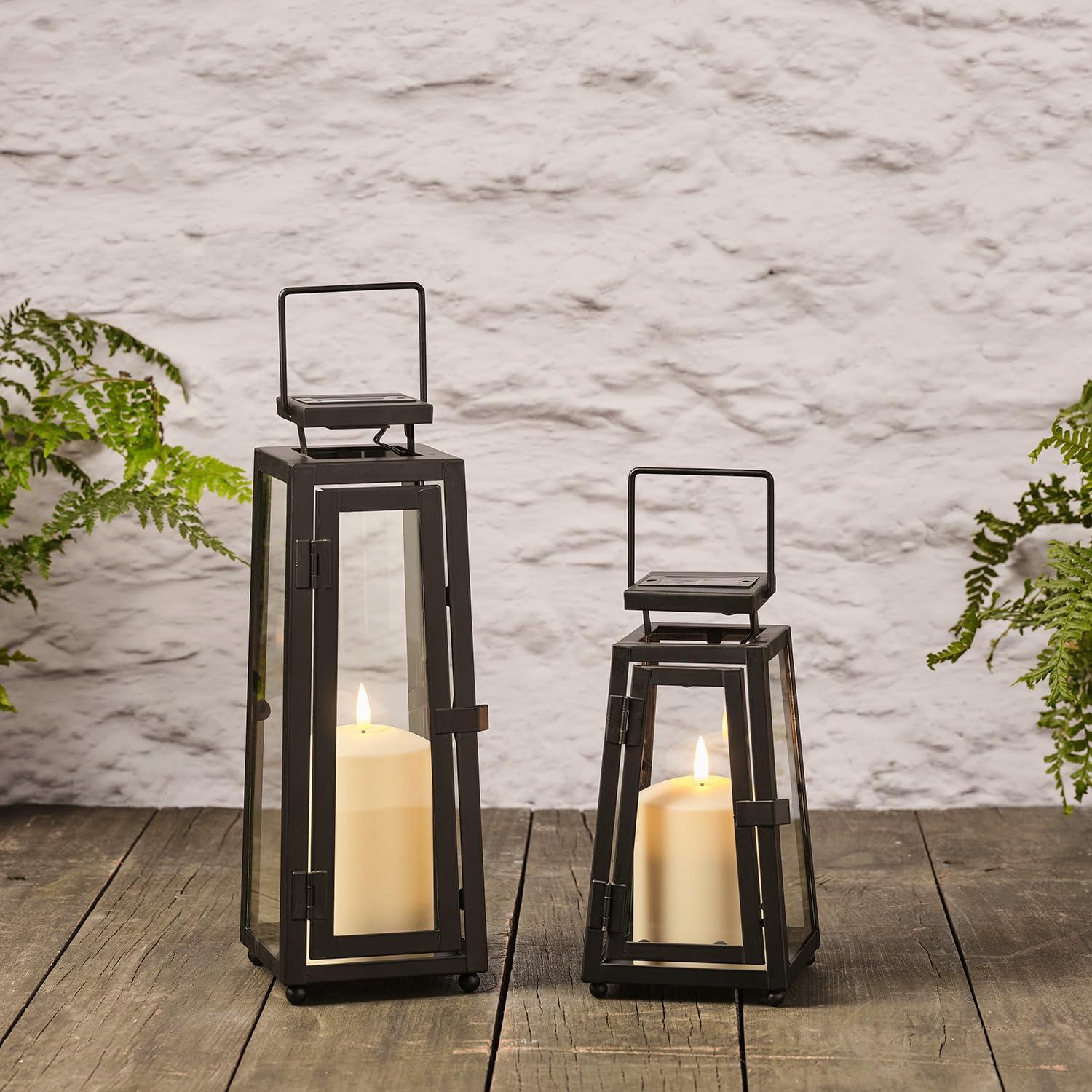 Lights4fun Black Set Of 2 Outdoor Garden Solar Powered Metal Decorative Truglow® Led Candle Lanterns 22Cm & 29.5Cm Ip44 Waterproof Garen Patio Decorations