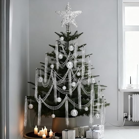 Thyle 10022 Pcs Disco Christmas Decor 20 Mirror Disco Balls 10000 Silver Tinsel Icicle Strands Glittered Star Tree Topper Ornaments 10 Meter Beaded for Christmas Party Supplies