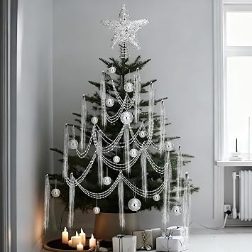 Thyle 10022 Pcs Disco Christmas Decor 20 Mirror Disco Balls 10000 Silver Tinsel Icicle Strands Glittered Star Tree Topper Ornaments 10 Meter Beaded for Christmas Party Supplies