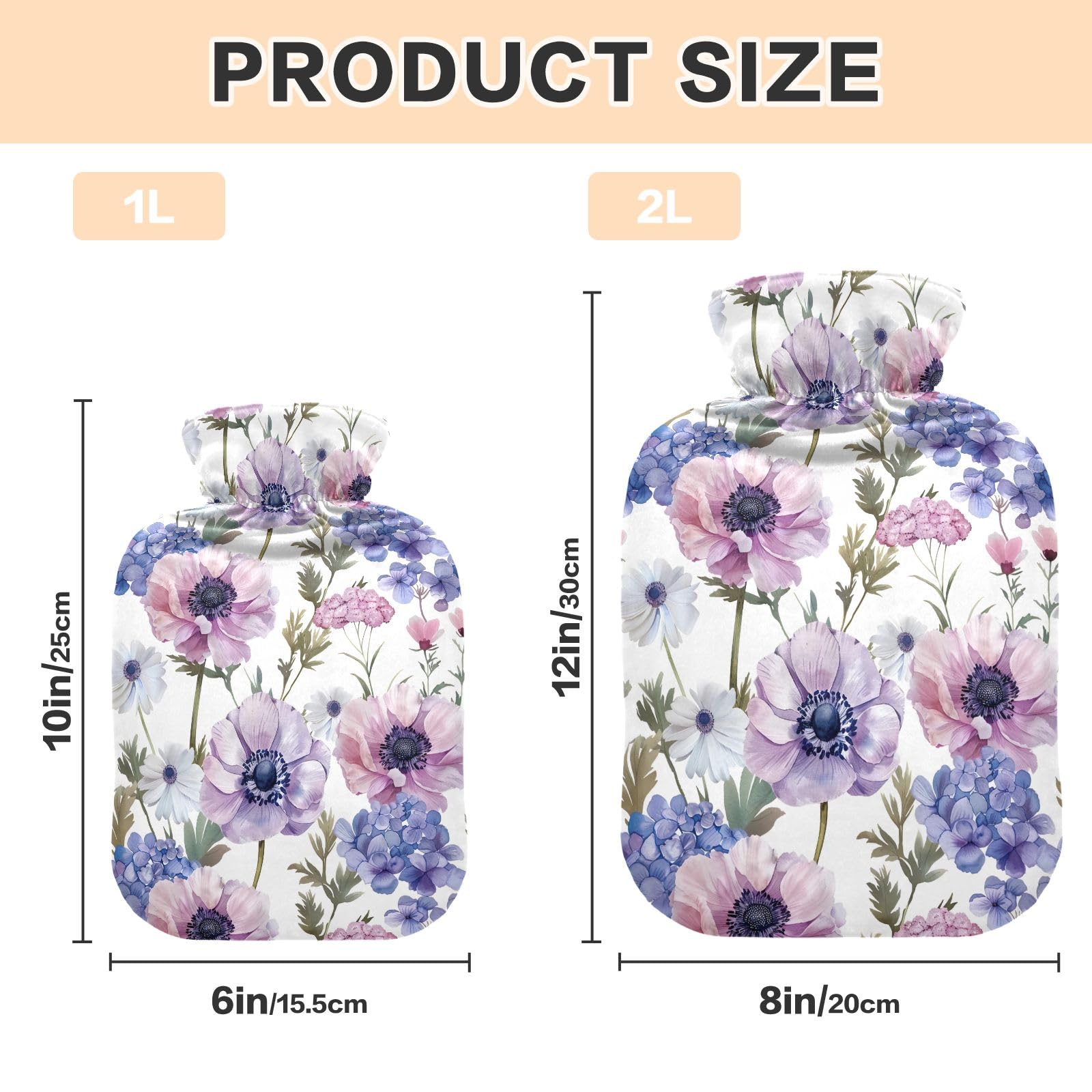 Classic Hot Water Bottle with Cover, 2L Winter Hot Water Bag for Tummy Cramps Neck and Shoulder Waist Pain Relief, Hand Feet Bed Warmer, Watercolor Purple Floral