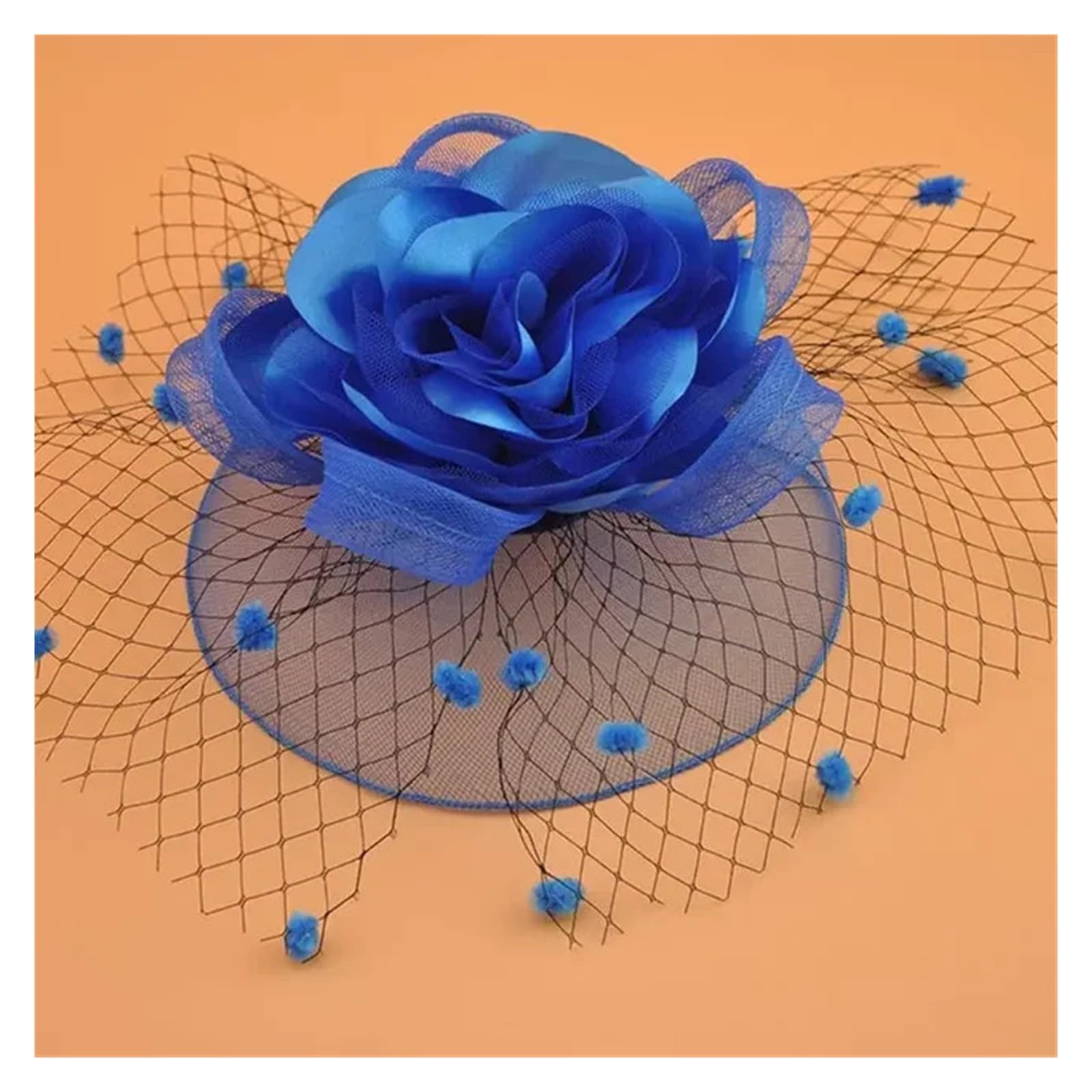 UALXPAO Wedding Hats Women Mesh Fascinator Cocktail Tea Party Hat Hair Accessories Wedding Church Headwear with Veil Flower Dots for Tea Party,Weddings(Blue)