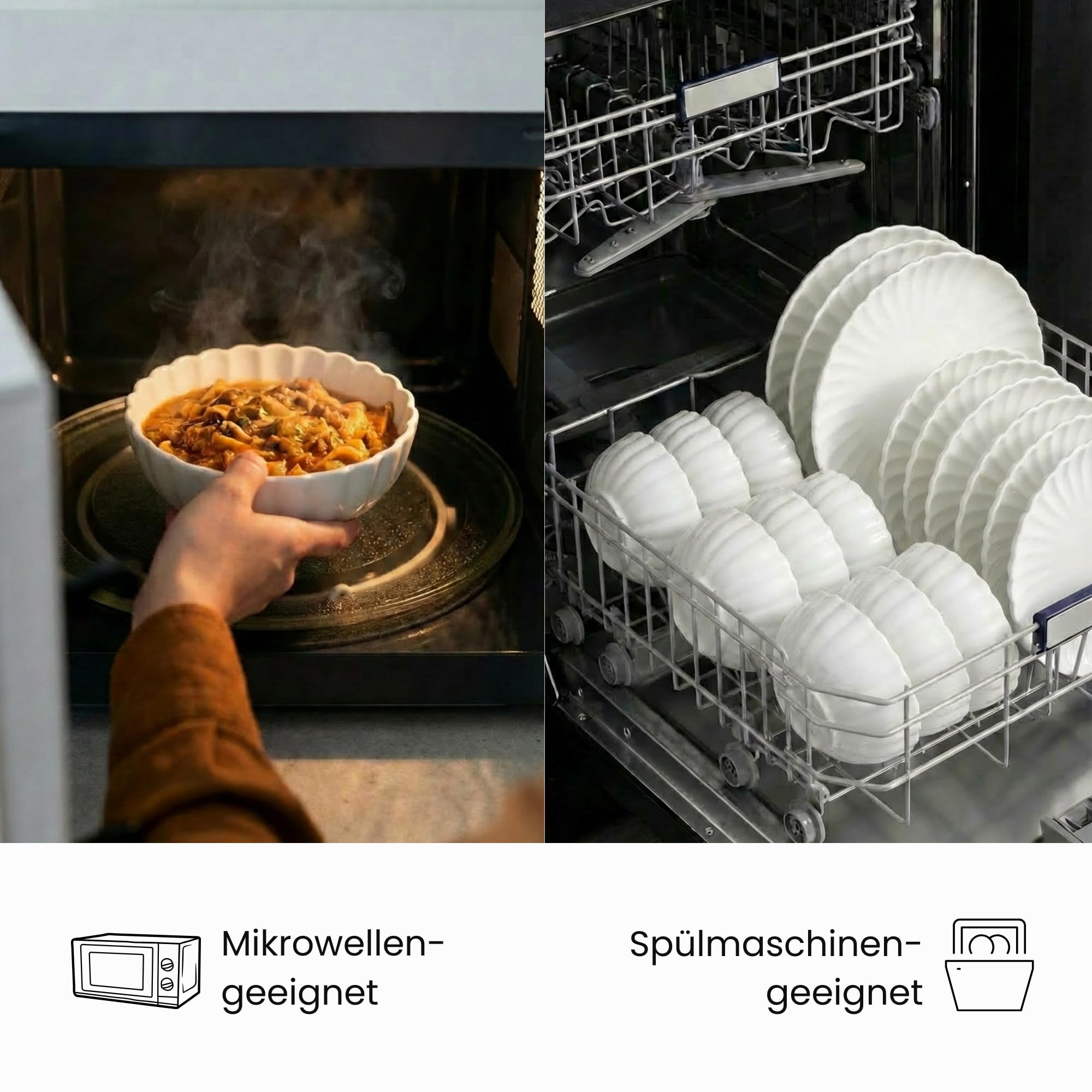 Zoha Lotus Tellerset 12 Personen – modernes Tafelservice 48-teilig – stilvolles Porzellan Teller Set 12 Personen – elegantes Teller-Set in edlem Weiß – spülmaschinengeeignet & mikrowellenfest