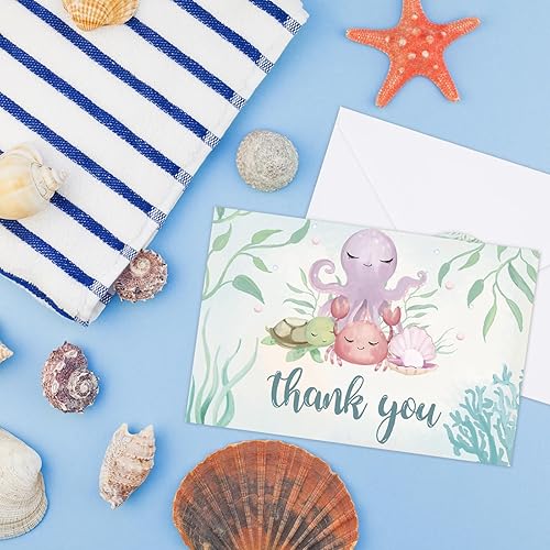 Miniatura 3 de AnyDesign Paquete de 36 tarjetas de agradecimiento de animales marinos a granel, lindas criaturas oceánicas, tarjetas de notas con sobres,
