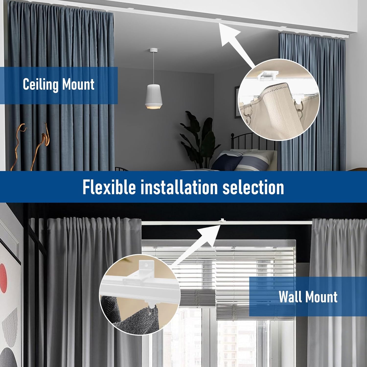 Curtain Track Ceiling Mount Curtain Rail Ceiling Curtain Track or Wall 9 FT Room Divider Curtain Track White with Hooks Suitable for Living Room Bedroom Bathroom 6-9 ft (72-108 in) White Track