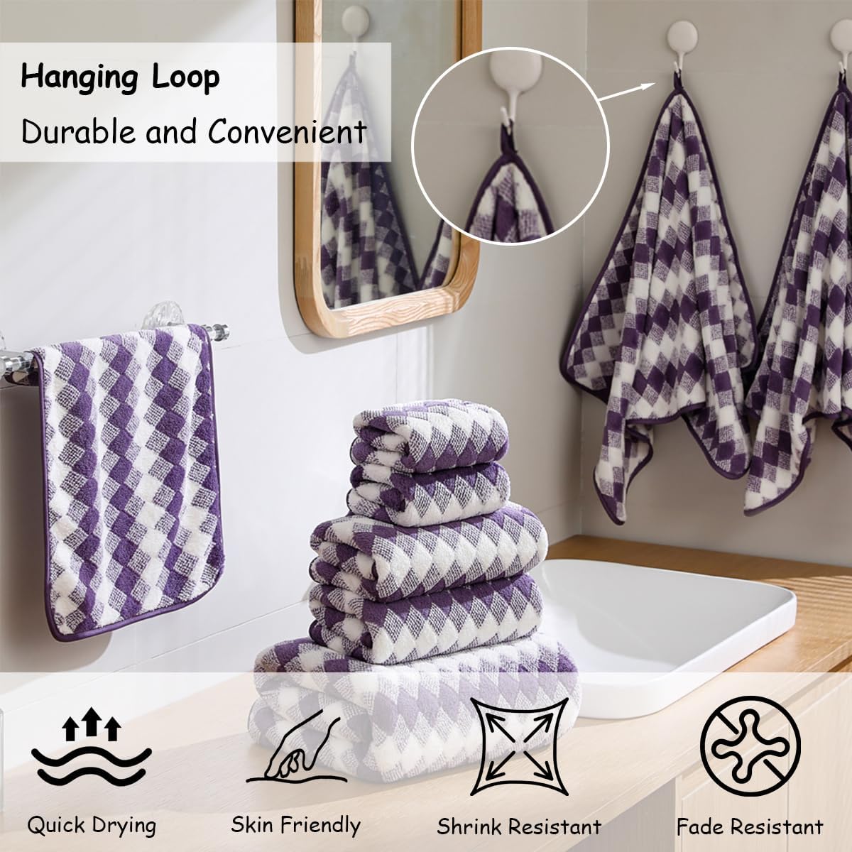 12 Pcs Purple White Diamond Towel Set-4 Bath Towels,4 Hand Towels,4 Washcloths Soft Polyester Bath Sheet with Loop Absorbent Shower Towel Quick Dry Beach Chair Towel Family Towels for Bathroom Spa Gym