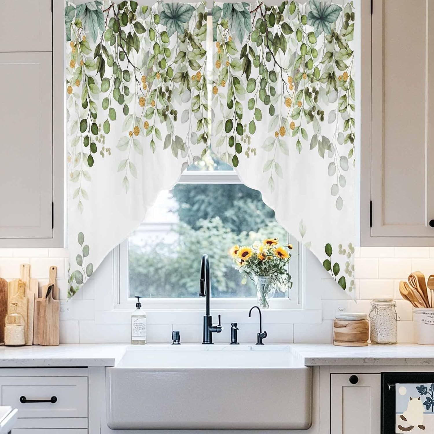 BEMIGO Swag Valances for Windows, Elegant Spring Leaf Plant Rod Pocket Kitchen Window Curtains Over Sink, Green Gold Window Curtain Panel Swag Curtains Valences, 36 Inches Length