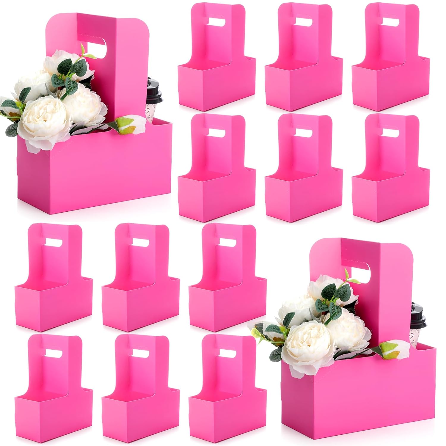Kosiz 60 Pcs 2 Cup Drink Carrier with Handle 6.9 x 3.2 x 8.9 Inch Coffee Holder Paperboard Drink Carrier for Hot and Cold Beverage Takeout Cafe and Restaurant Wedding Food Delivery(Pink)