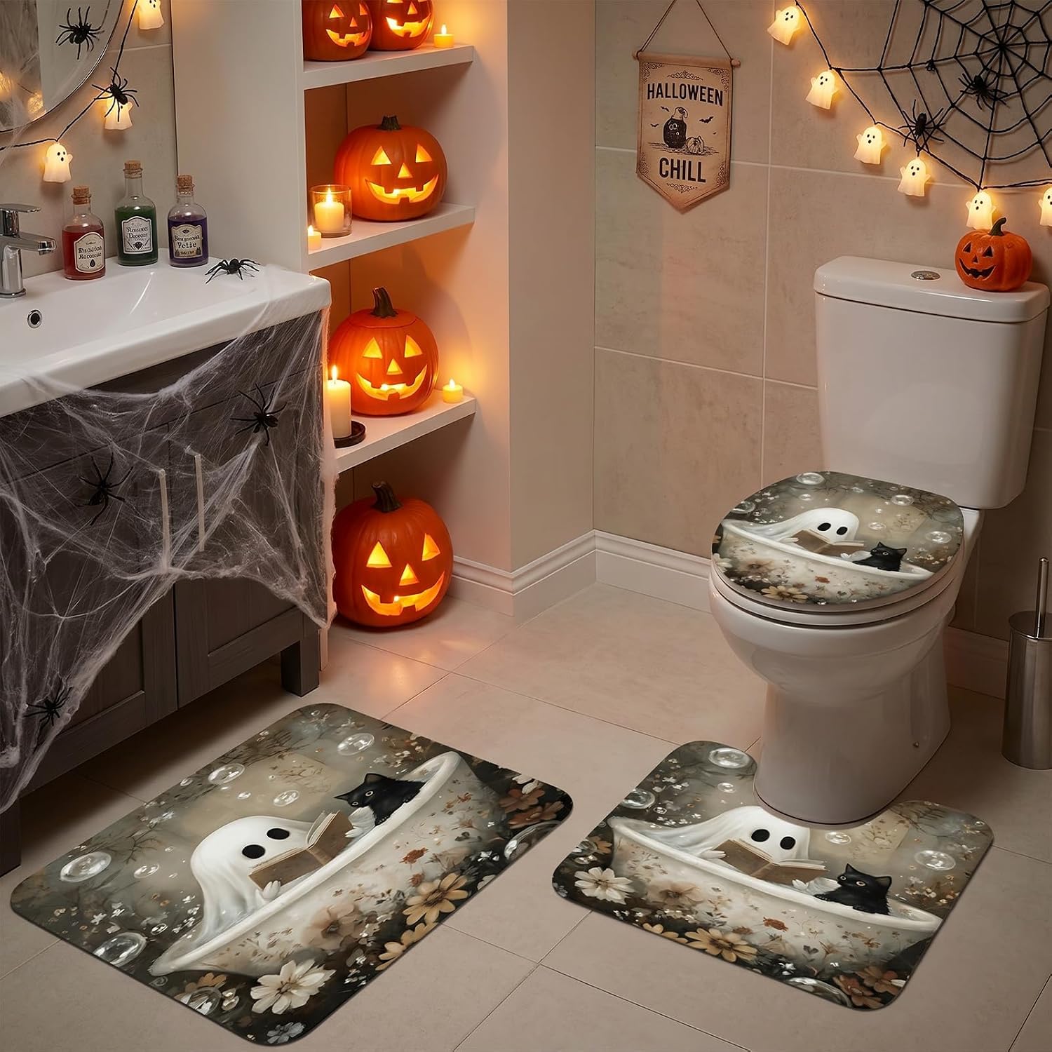 Halloween Ghost Shower Curtain Set, 4PCS Ghost and Black Cat Bathroom Curtain Bath Mat Toilet Lid Cover and U-Shaped Mat, Horror Funny Spooky Bathroom Decor Accessories Set
