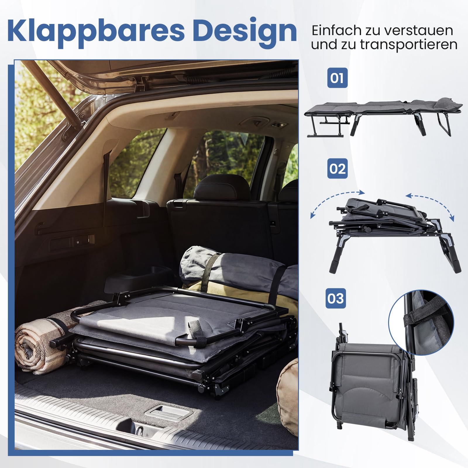 COSTWAY Sonnenliege klappbar, 3 in 1 Gartenliege mit Kopfstütze, Verstellbarer Rückenlehne, Liegestuhl bis 200 kg belastbar, Campingliege, Klappbett für Garten, Camping, Büro