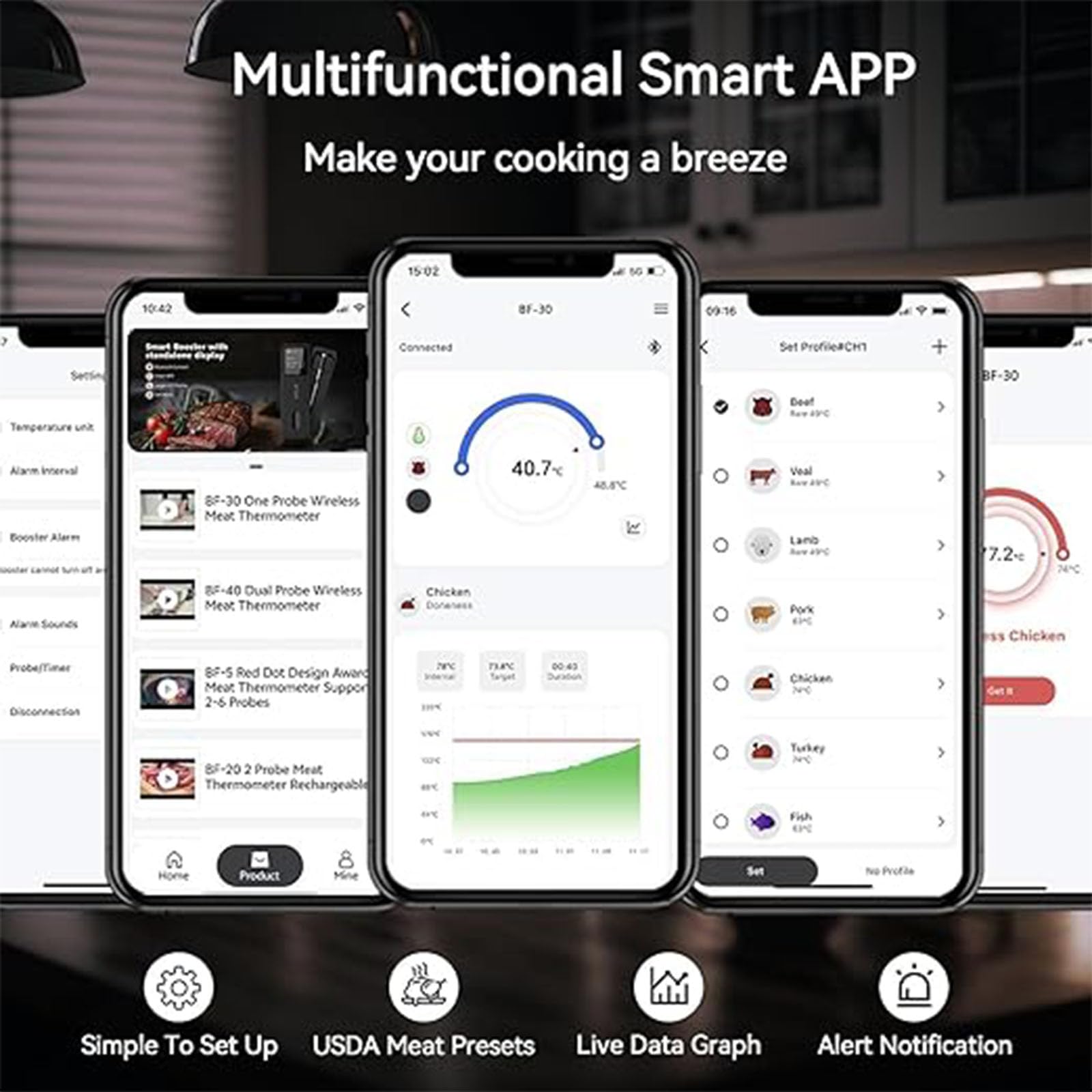 Termómetro de Carne Bluetooth - Parrilla ahumadora Digital inalámbrica con Pantalla LCD, Alcance Remoto de 100 Metros, Resistente al Agua para Horno Barbacoa y asador.