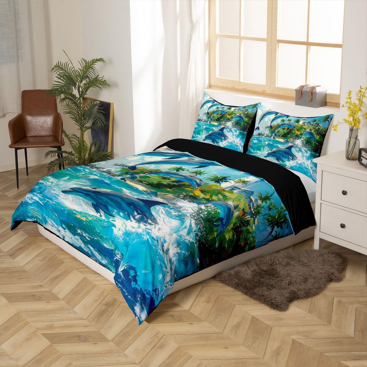 Erosebridal Blue Dolphin Bedding Set Toddler Size,Nautical Theme Comforter Cover Sea Animal Duvet Cover Coastal Lighthouse Quilt Cover for Kids Boys Girls Bedroom Decor