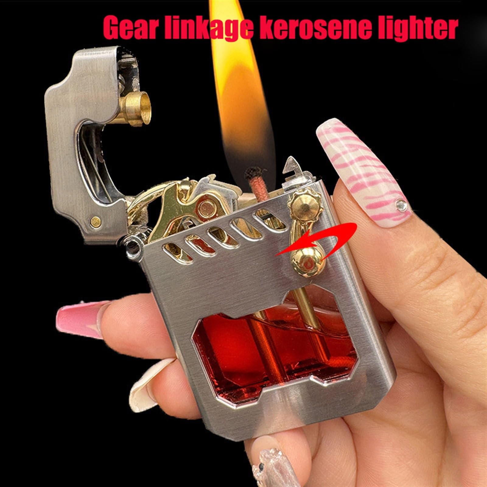 Encendedor de queroseno, clásico resistente al viento, con ventana de visualización de combustible, encendido de engranaje de brazo basculante, ideal para uso en exteriores y viajes