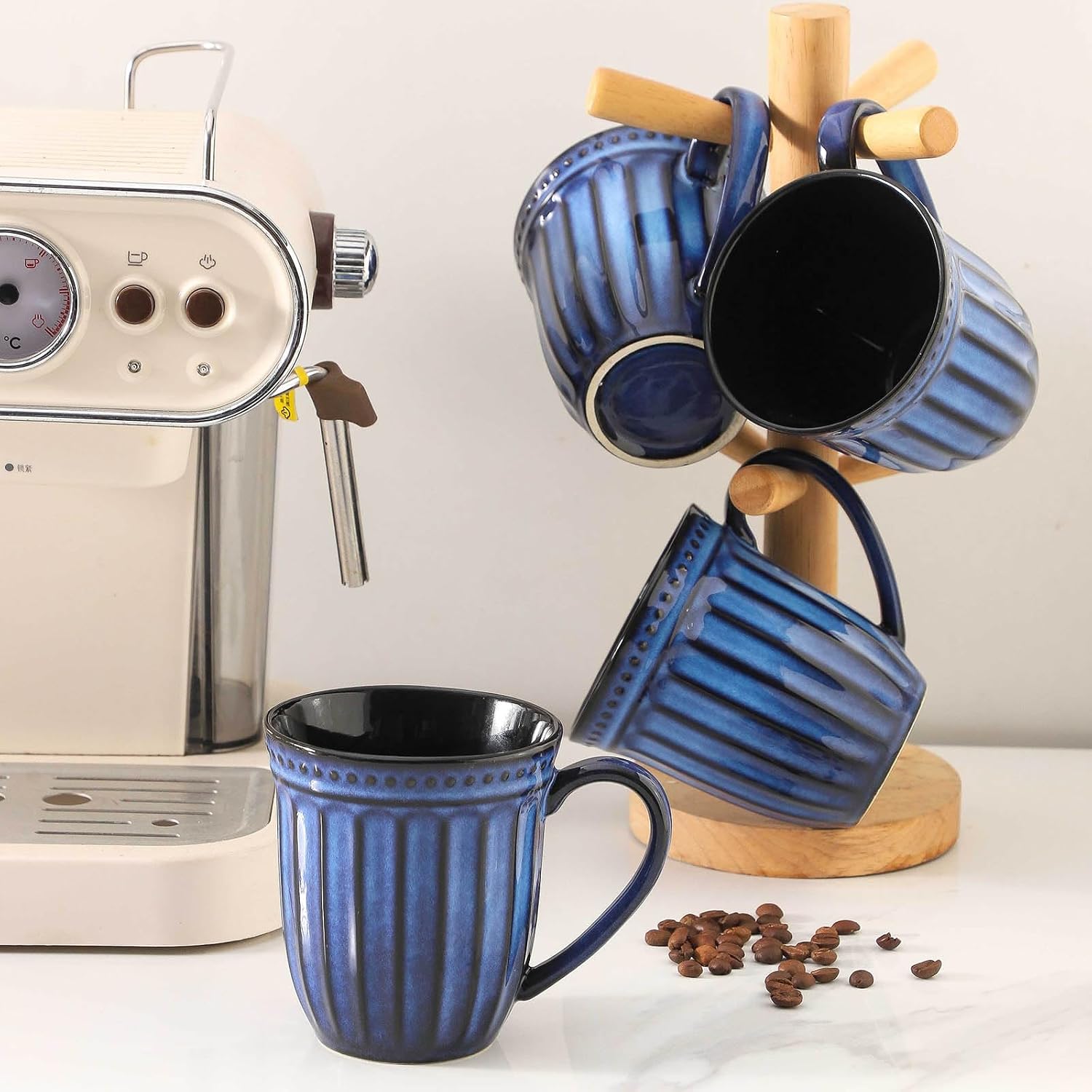 16 OZ Coffee Mugs Set of 4, Navy Ceramic Coffee Cups with Handles