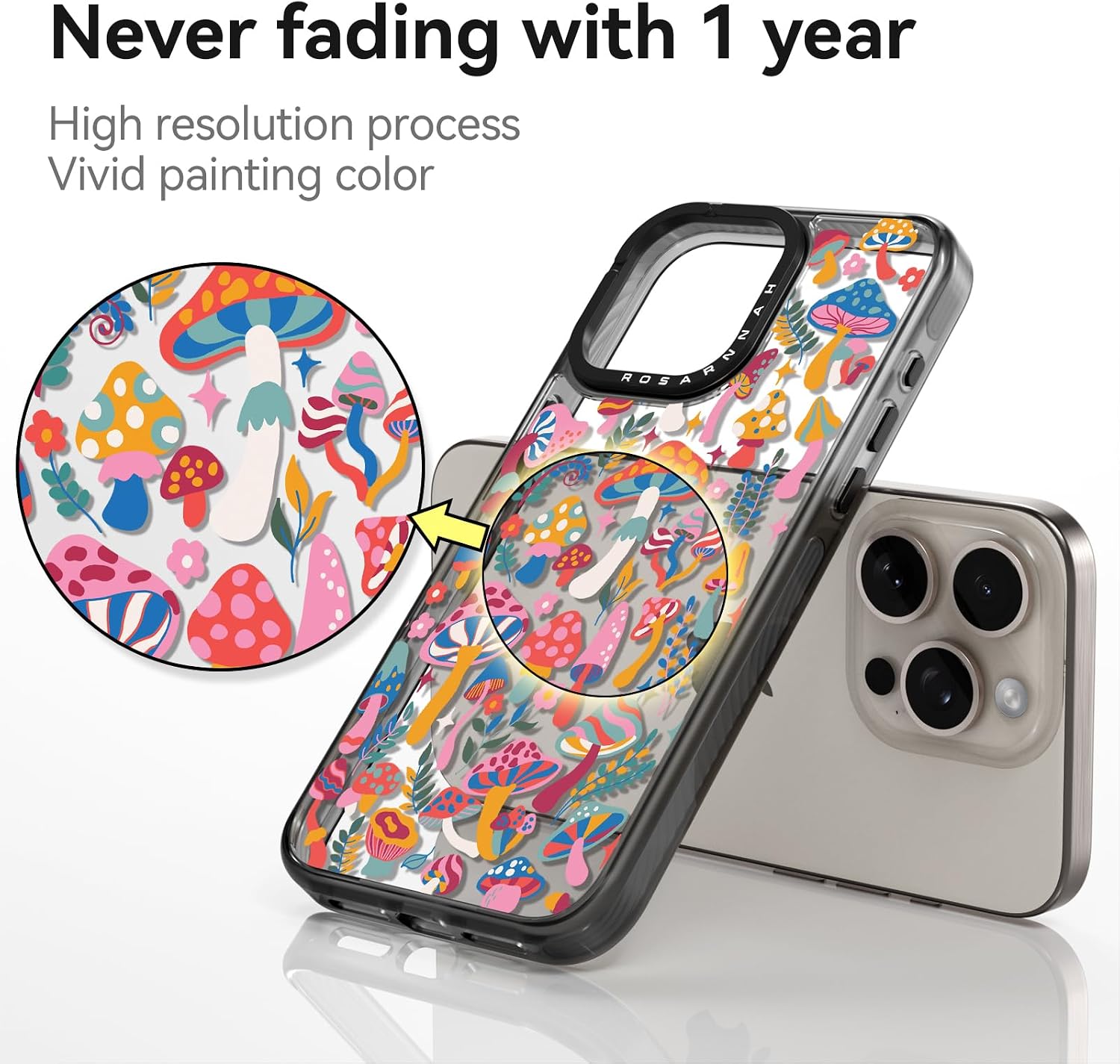 Compatible for iPhone 15 Pro Max Case Cute Aesthetic - Durable Shockproof 6.6 ft Drop Impact Phone Case Cover with Funny Fashion Mushroom Jungle 6.7" Black