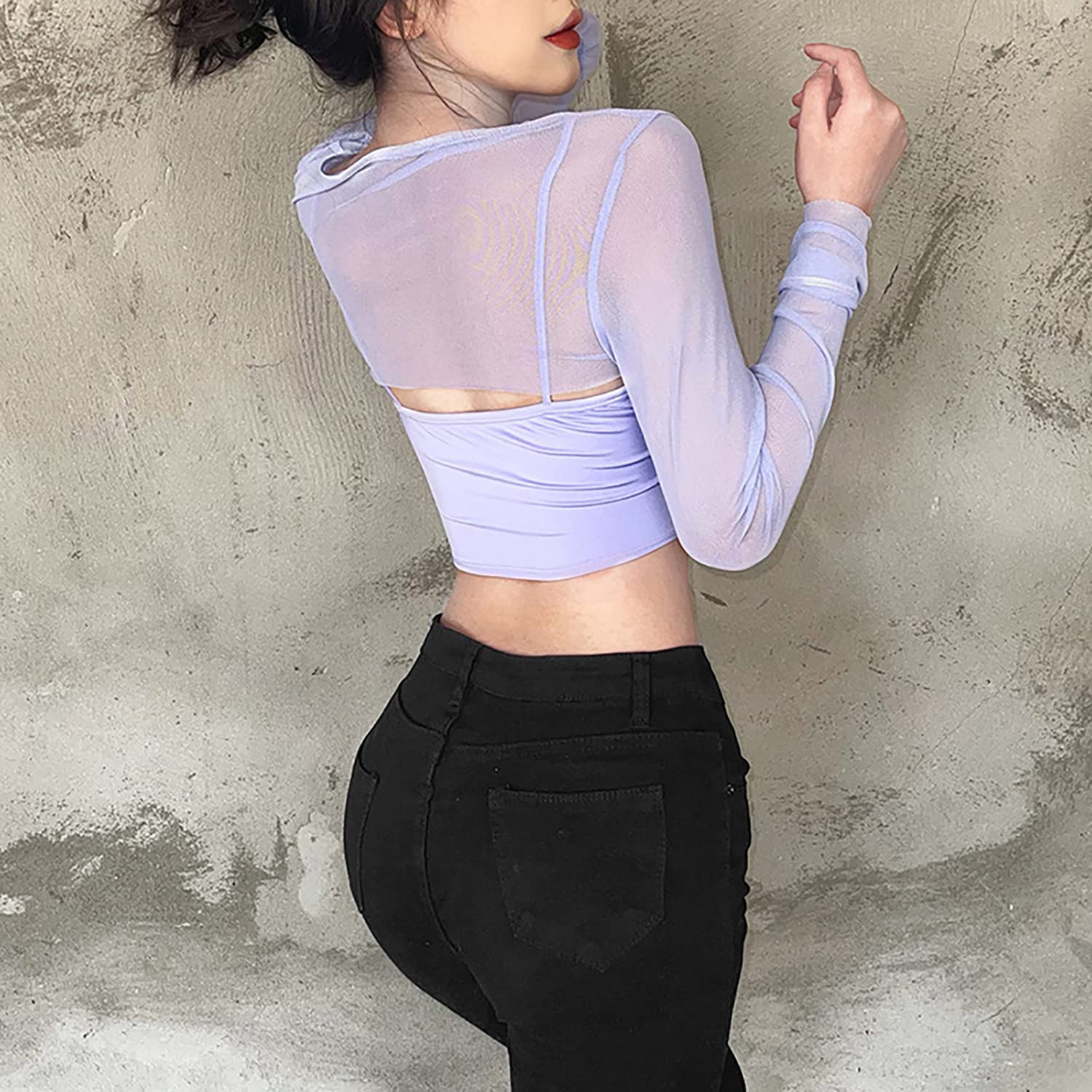 Meladyan Women Sexy Long Sleeve Mesh Crop Top Solid Cover Up Spaghetti Strap Slim Fit Corset Cami 2 pieces Clubwear