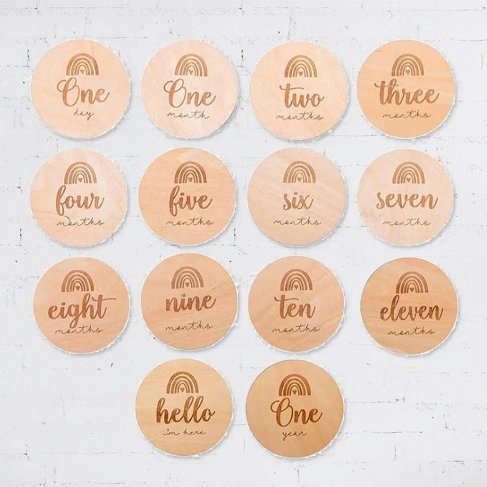 5 Set 14 Stück Meilensteinkarten rund Holz für monatliche Aufnahme Disc Türhänger