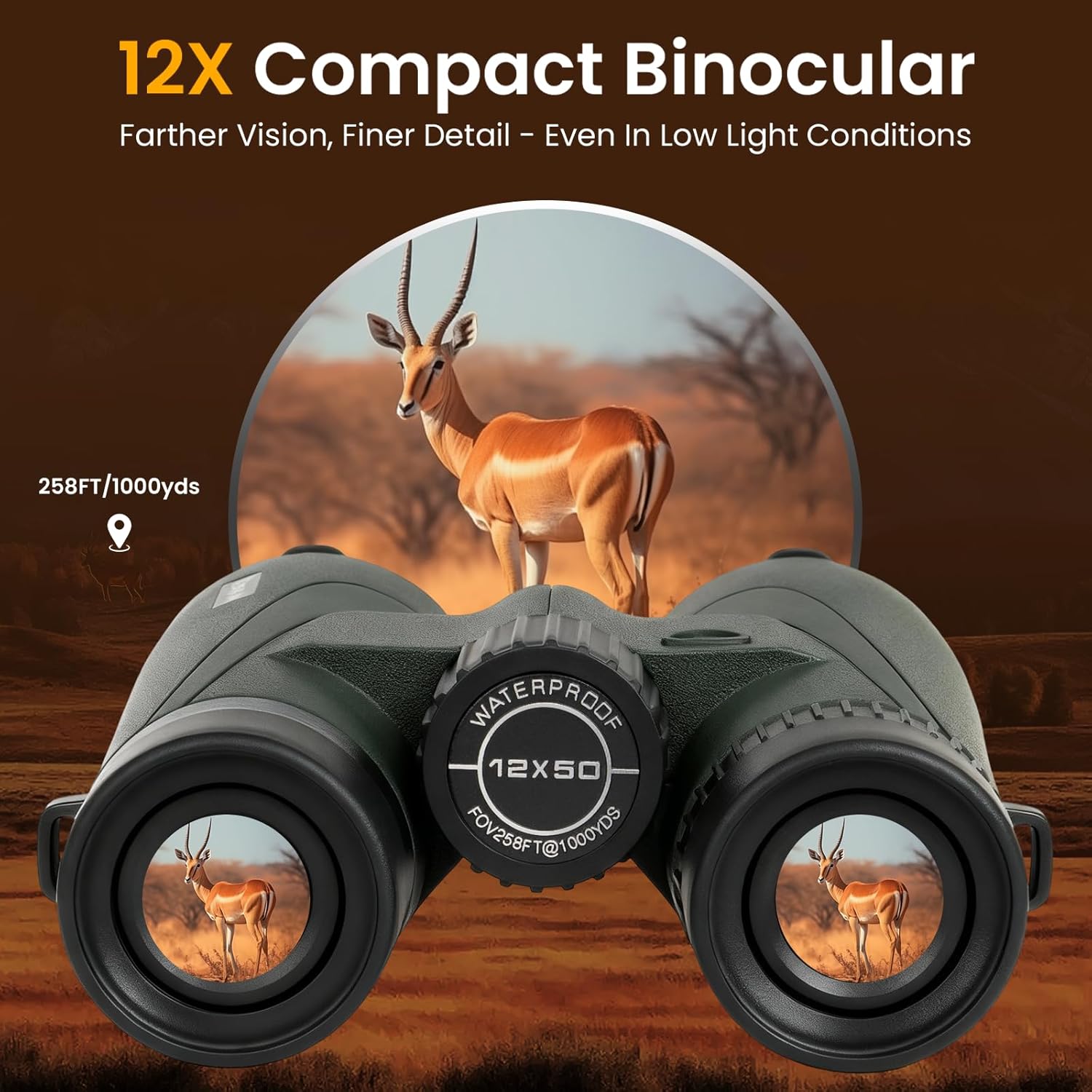 BIBIRE 12x50 Binoculars for Adults, HD Roof Prism Compact Binoculars Large Eyepiece Waterproof Binocular for Cruise Bird Watching Hunting - Image 3