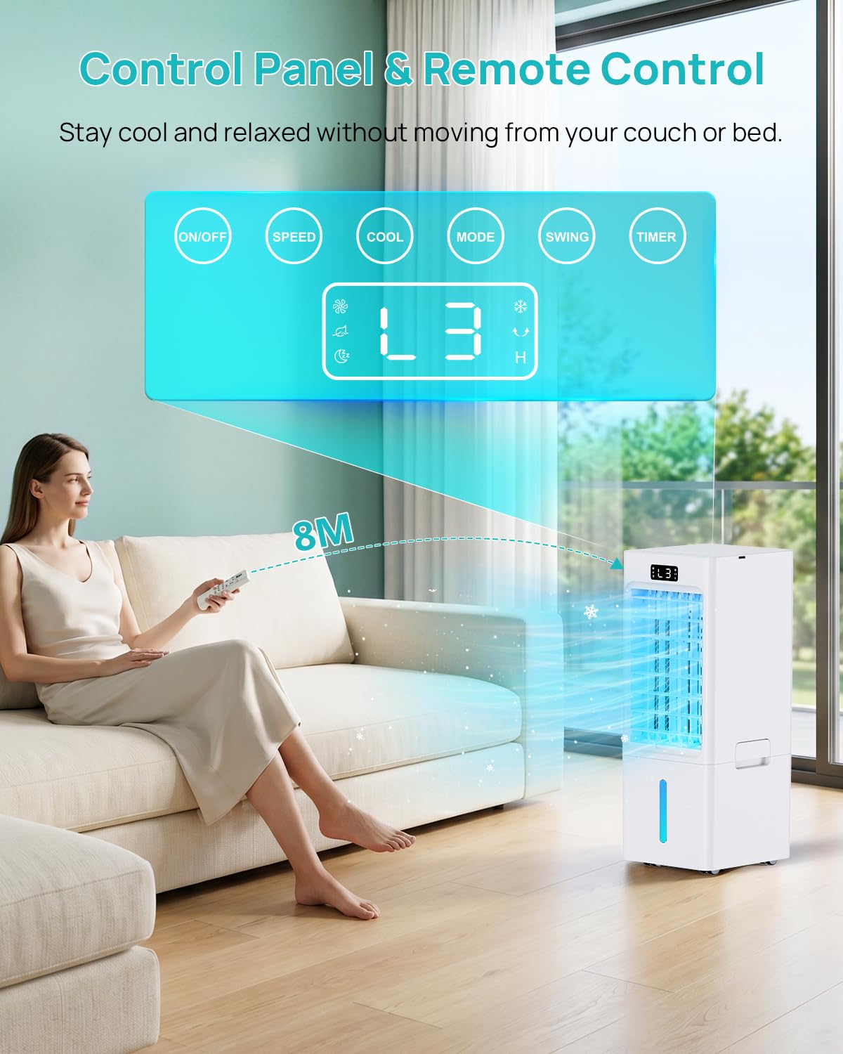 Aire Acondicionado Portatil 4 en 1, Enfriador de Aire con 4 Modos & 3 Velocidades, Temporizador 1-12H, Oscilación,Tanque de 6L, 4 Packs de Hielo, Control Remoto, Silencioso, para Oficina Hogar
