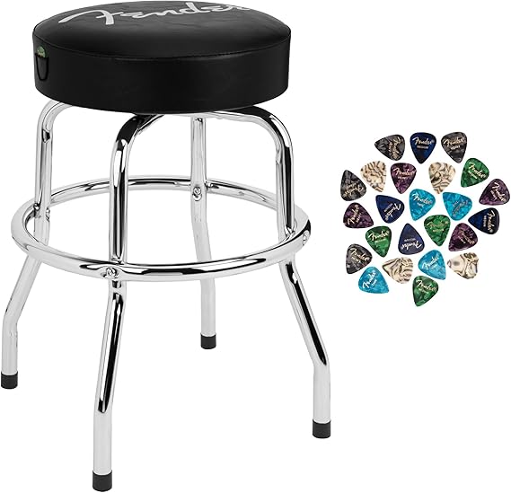 Fender 24 Inch Spaghetti Logo Pick Pouch Barstool Bundle with Austin Bazaar Exclusive 24-Pack Guitar Picks