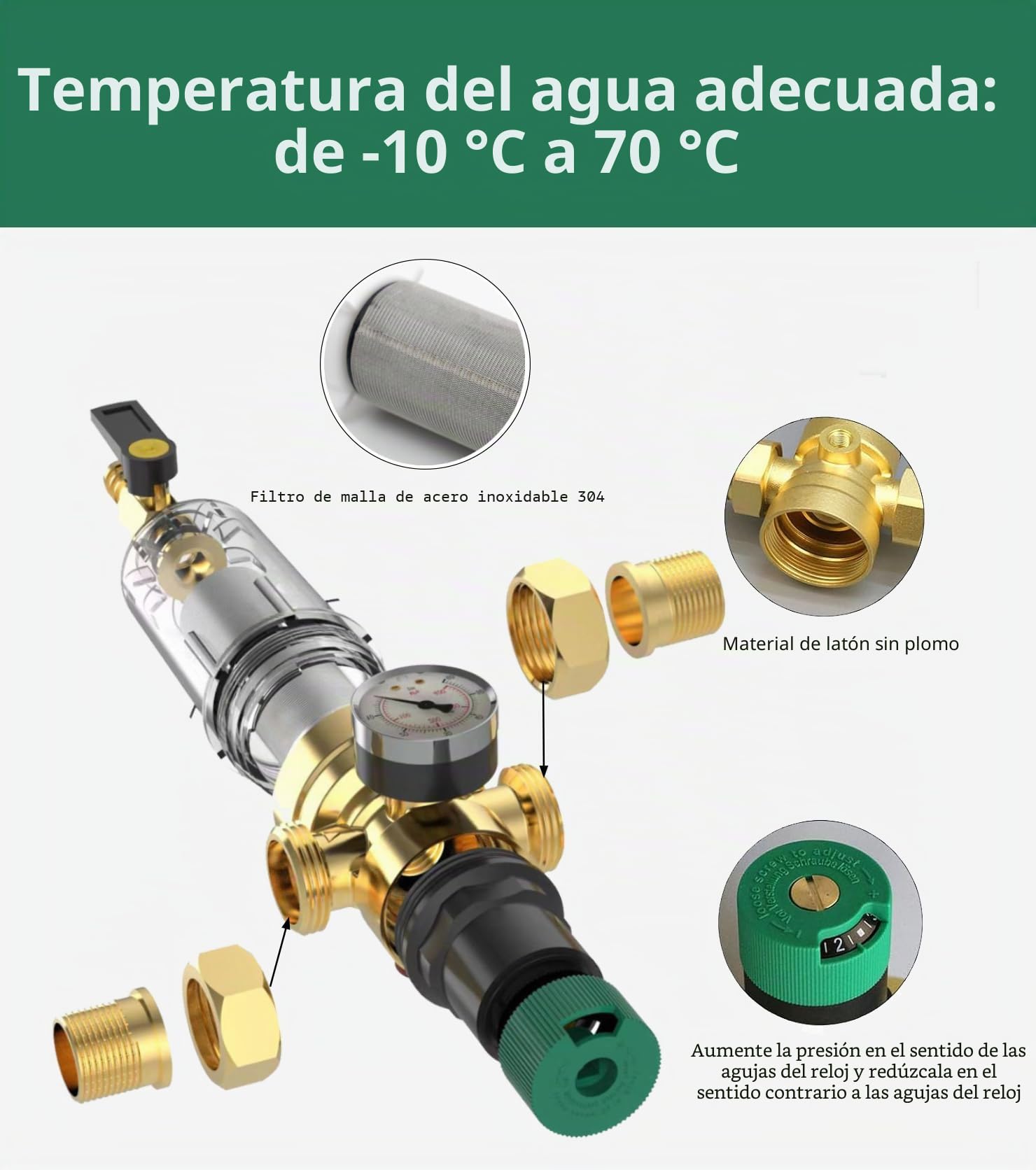 6 filtros de retrolavado con reductor de presión y manómetro, filtro de agua para conexión doméstica de 3/4 pulgadas DN 20, filtro de agua, prefiltro, filtro de sedimentos, regulador de