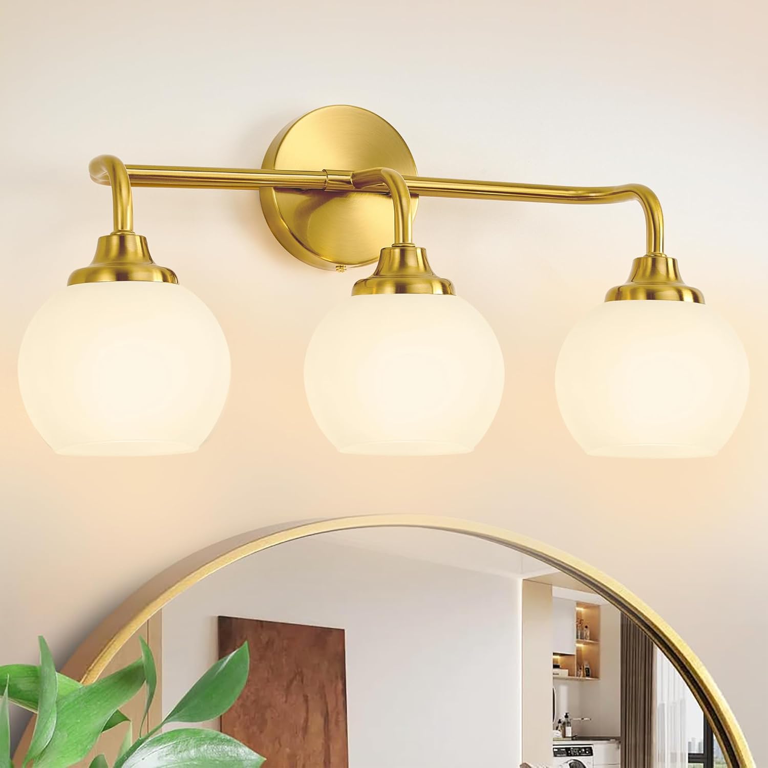 Modern Gold Bathroom Vanity Lights, 3-Light Over Mirror, Brushed Gold, Milky Glass Gold & Frosted Glass