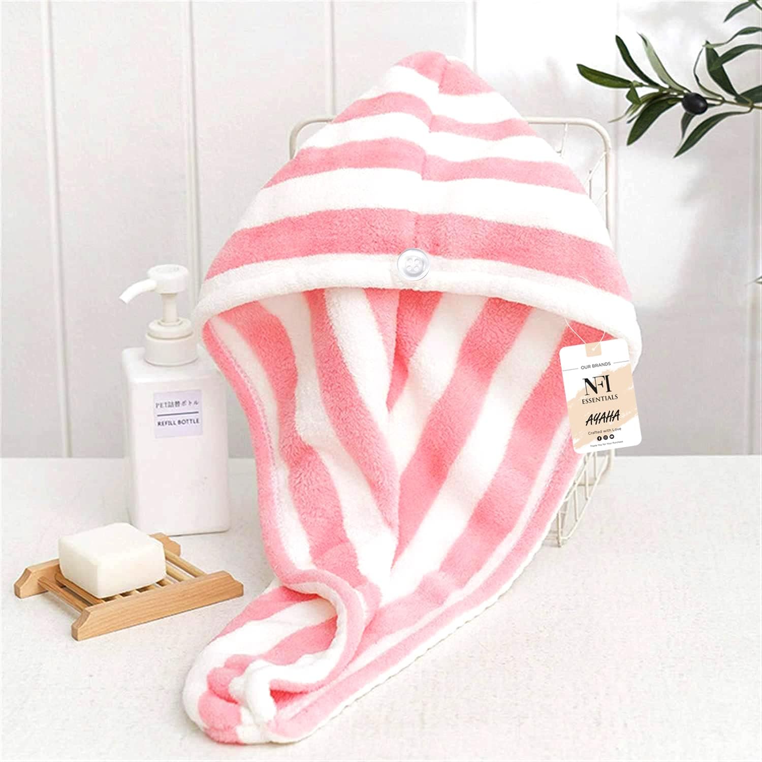 ORBITORA Pack of 2 - Warp Absorbent Hair Drying Microfiber Head, Super Absorbent Towel Cap Salon Towel Quick Dry Shower Hair Towel Wrap with Button for Women 4