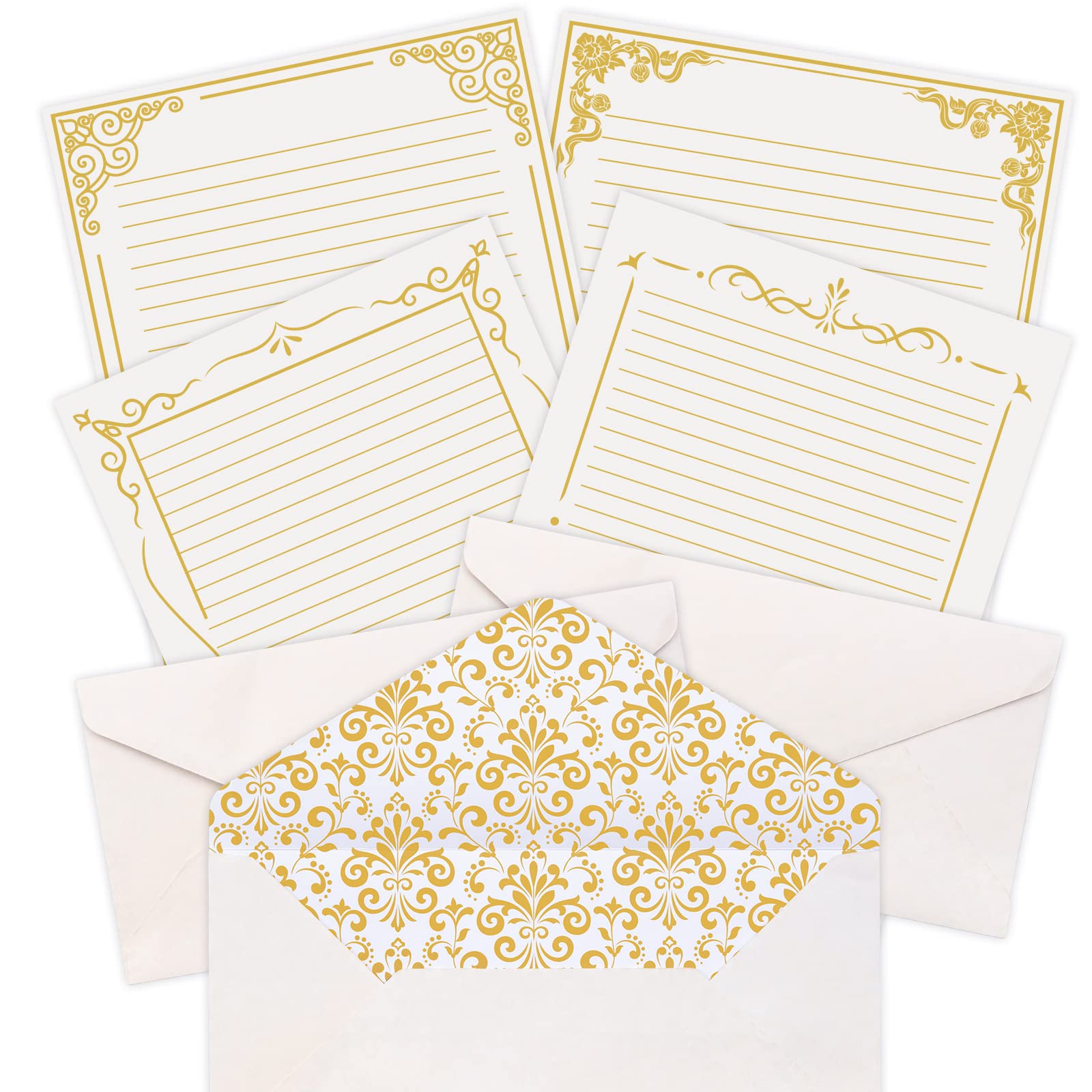 AnyDesign Vintage Stationery Set | 60 Sheets Lined Letter Paper & 30 Gold/Black Envelopes For Invitations & Greetings