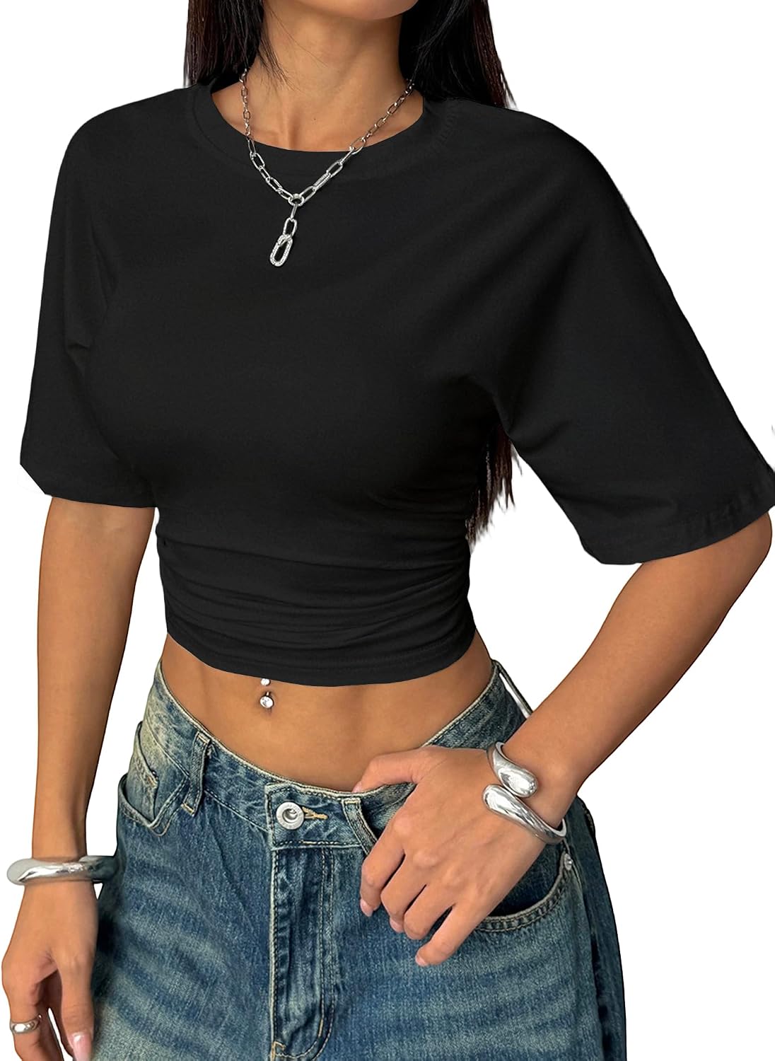 LovelyWholesale Women Ruched Crop Tops Casual Summer Short Sleeve T Shirts