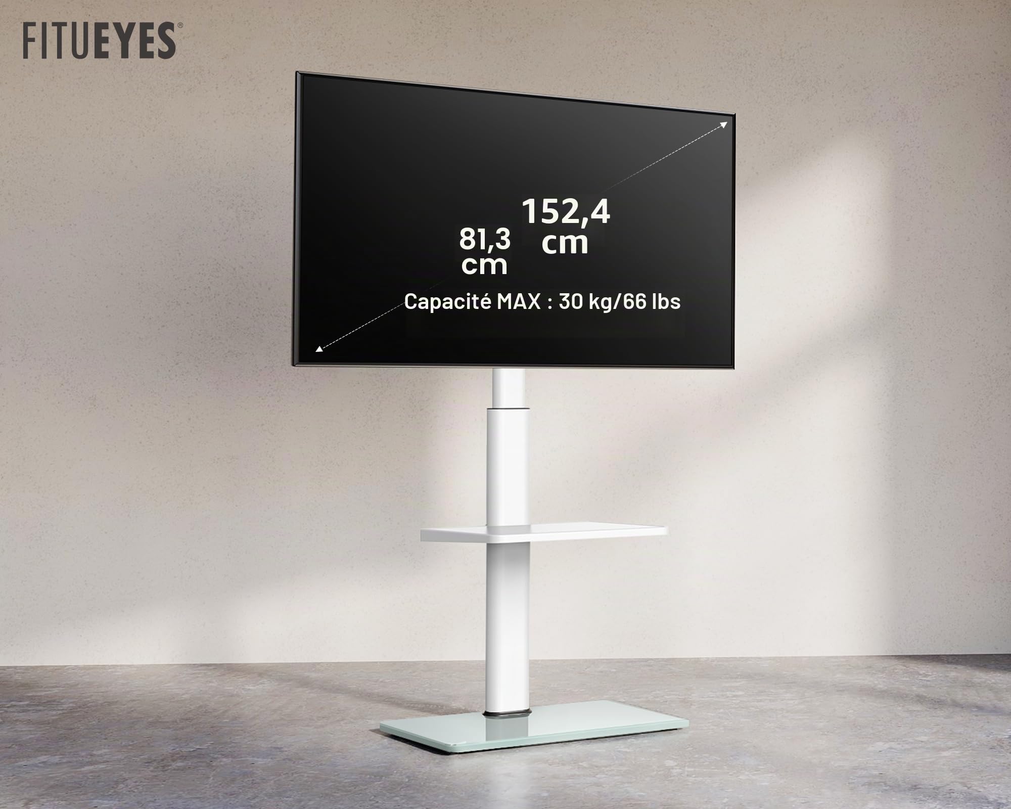 FITUEYES Support TV sur Pied pour TV de 32 à 60 Pouces, avec étagères réglables, Pied TV Réglable en Hauteur jusqu'à 30 kg Max VESA 600 x 400 mm, Blanc