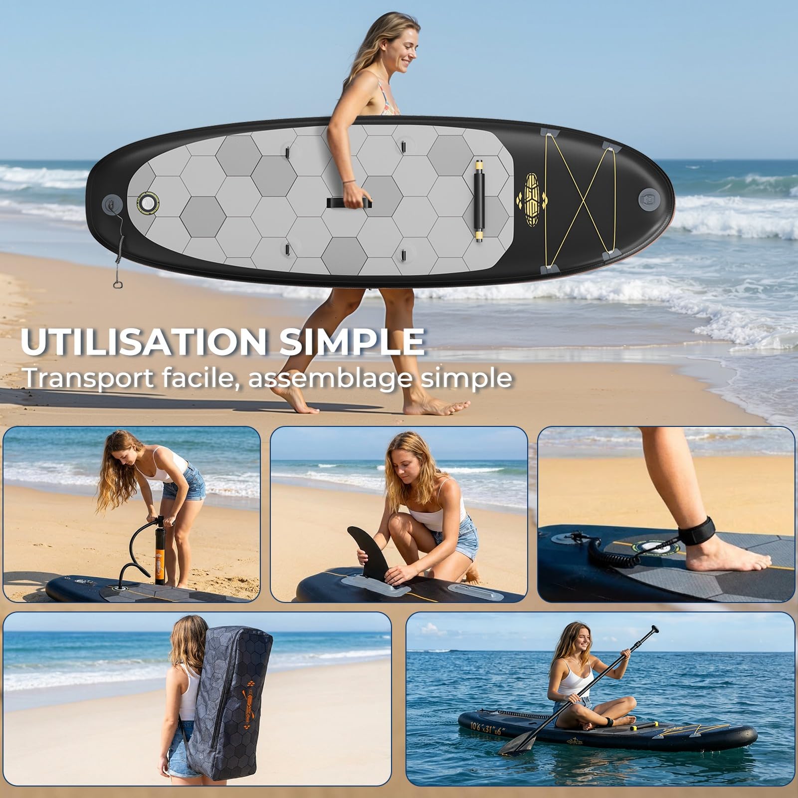 Devoko Planche de Paddle Gonflable Adulte 320cm, Sup Gonflable 2-en-1 avec Siège & Accessoires, 130kg Charge Max - Idéal pour Surf, Pêche, Yoga