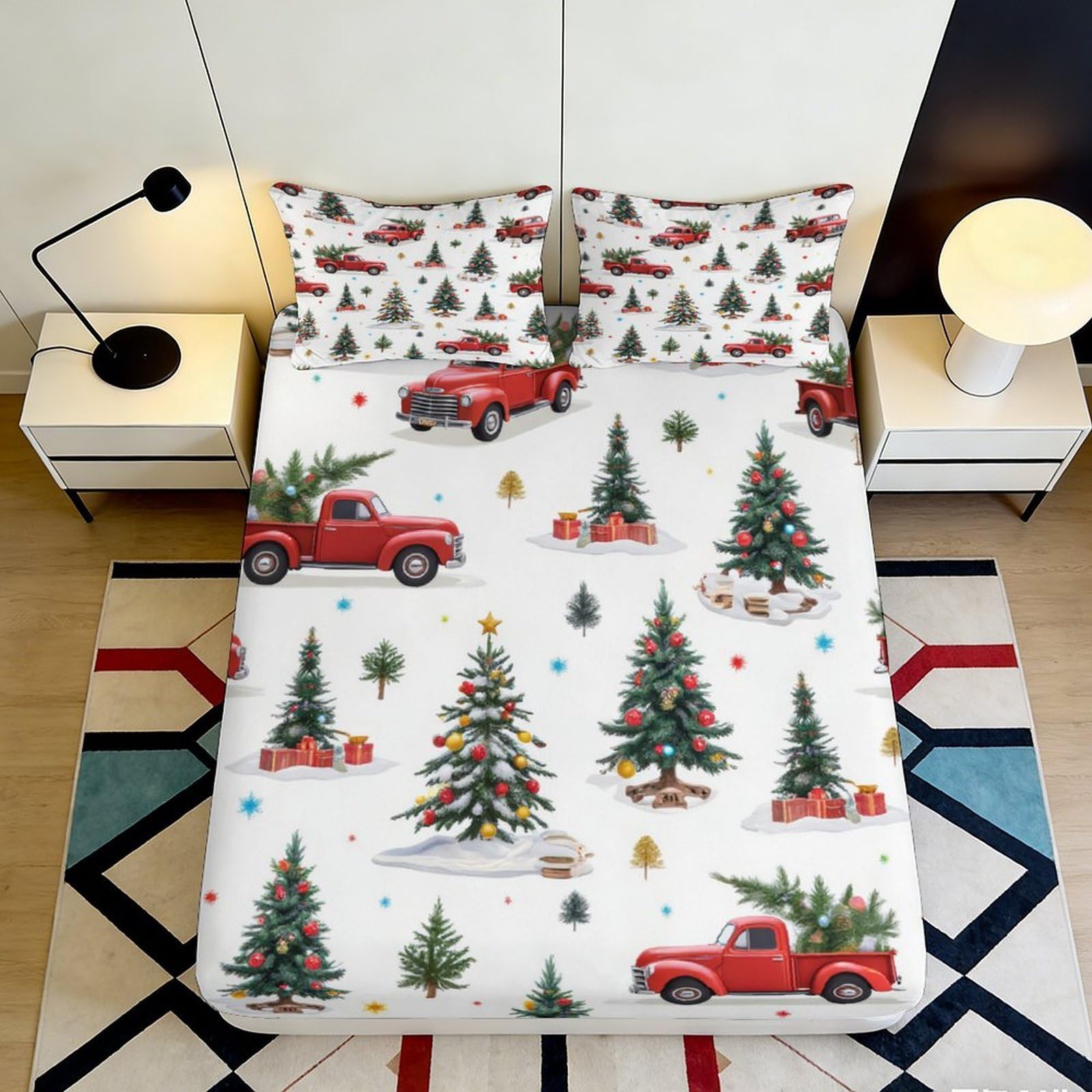 Uynsixtme Style-9 3D Printed Christmas Red Truck Fitted Sheet Microfiber Deep Pocket Non-Slip Xmas Tree Mattress Fitted Cover Bedroom 200X200x25cm