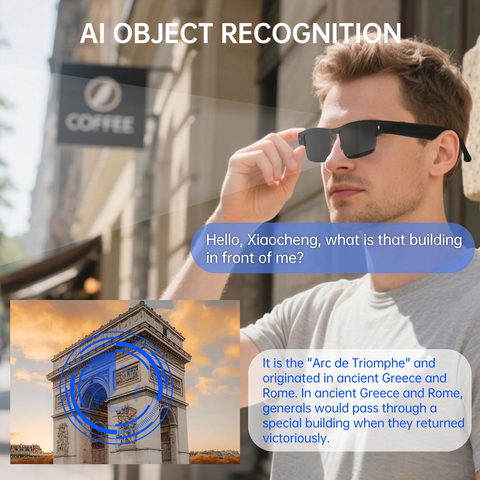 Gafas inteligentes Bluetooth con cámara HD, grabación 1080P, audio de oído abierto, micrófono ANC, música, llamadas y asistencia de voz con traducción, gafas de sol con protección UV para hombre mujer