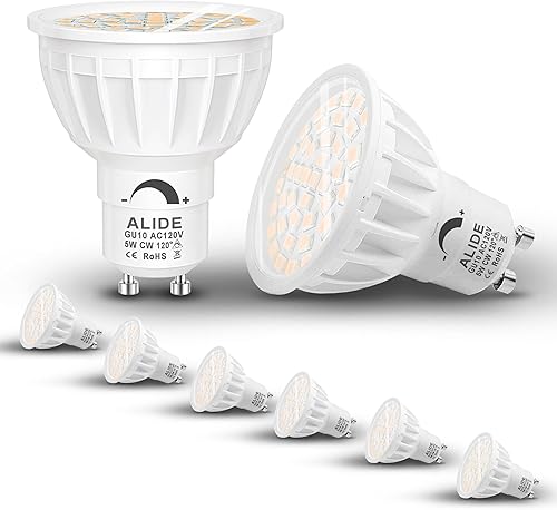 ALIDE Bombillas LED GU10 regulables de 5 W, 5000 K, luz diurna blanca, dos puntas de repuesto GU10 50W halógeno, ángulo de haz amplio de inundación